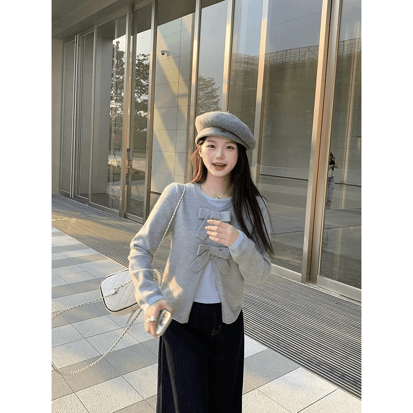 가을 겨울 작은 키 새로운 맨위 여성 디자인 센스 나비 매듭 페이크 레이어드 스웨터 니트 스웨터 털 셔츠 여성 이미지 5