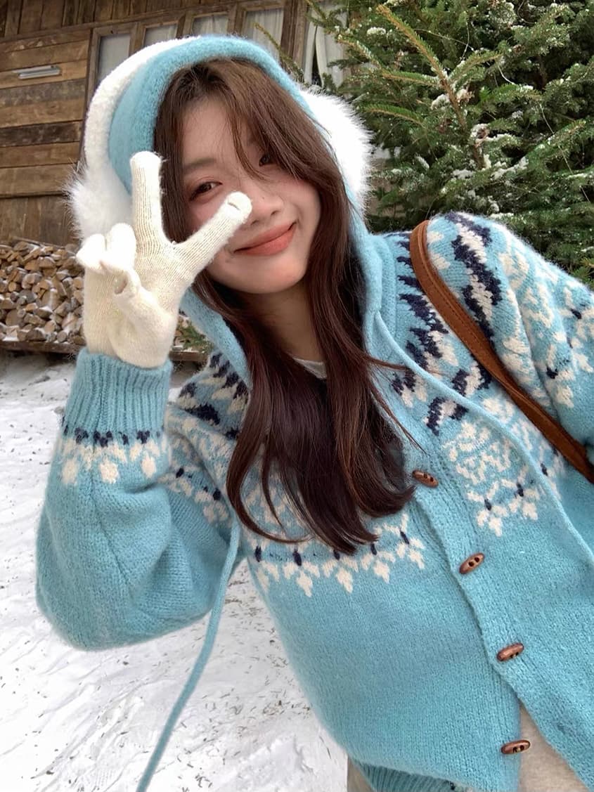 한국 스타일 레트로 무거운 작업 자카드 후드 스웨터 코트 작은 키 축제 분위기 크리스마스 맨위