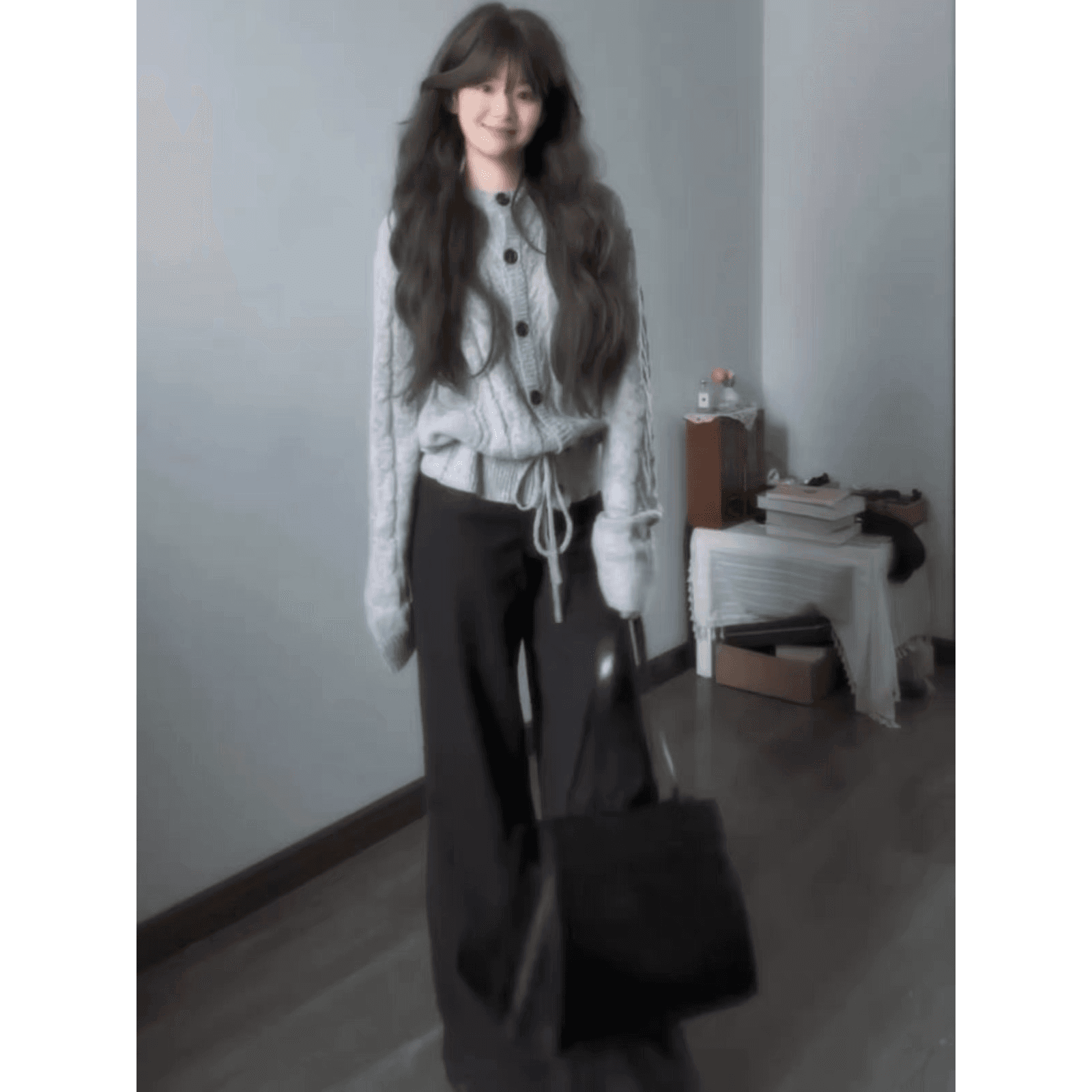 프랑스식 레트로 트위스트 무늬 니트 오픈 가디건 청바지 여성 가을 출퇴근 다용도 밑단 레이스업 학원 스타일 세트 이미지 5