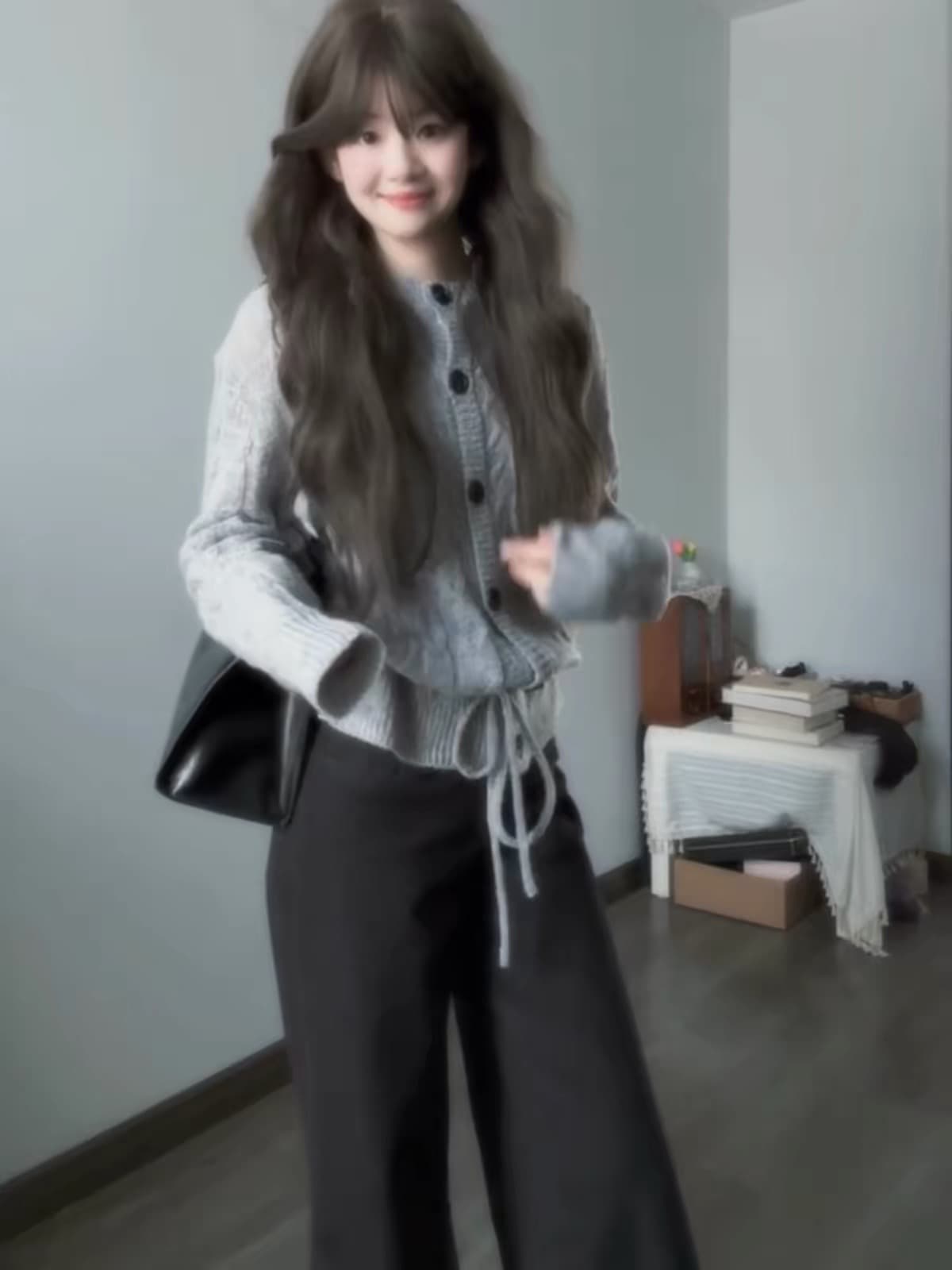 프랑스식 레트로 트위스트 무늬 니트 오픈 가디건 청바지 여성 가을 출퇴근 다용도 밑단 레이스업 학원 스타일 세트 상세 이미지 3