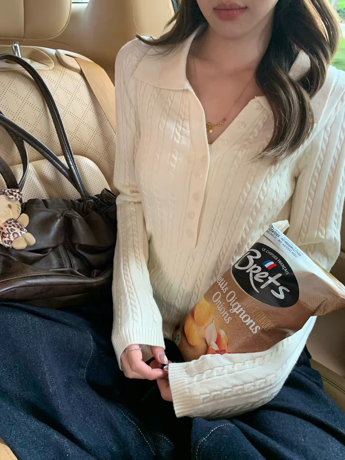 한 부서 베이지 색 긴팔 POLO 칼라 니트 스웨터 여성 이른 가을 부드러운 바람 몸매 가꾸기 슬림해 보이는 아름다운 맨위 상세 이미지 2