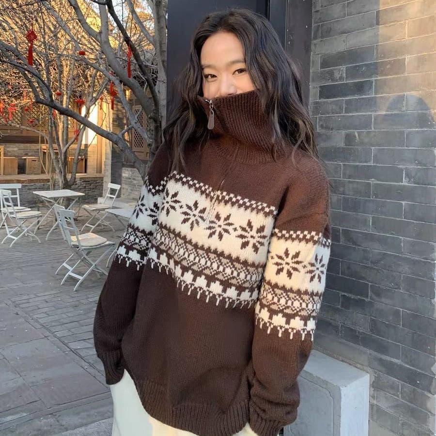레트로 공정한 섬 두꺼운 2026 가을 새로운 느긋한 바람 루즈핏 자카드 카디건 폴로 칼라 지퍼 여성 상세 이미지 3
