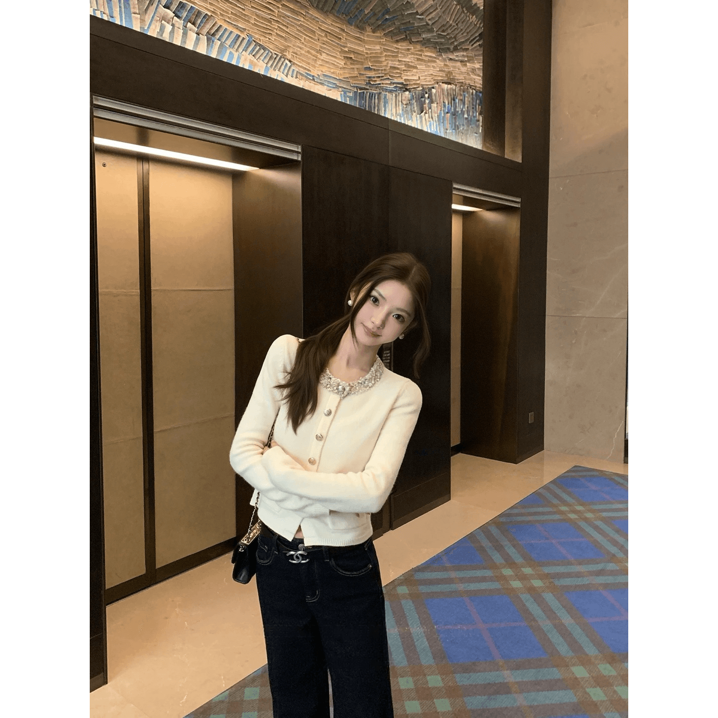 가을 겨울 제니 정원 꽃 실 패치워크 작은 샤넬 스타일 쇼트 스타일 스웨터 품격 라운드 넥 풀오버 니트 맨위 이미지 5