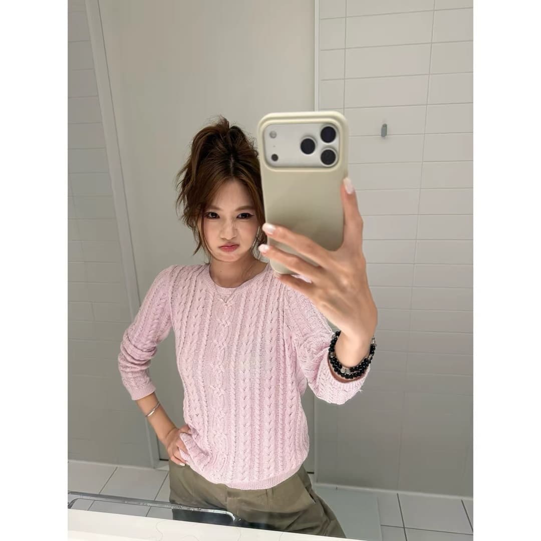 가을 겨울 새로운 마이크로 루즈핏 작은 넓은 어깨 라운드 넥 트위스트 꽃 풀오버