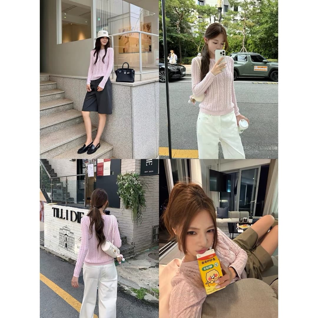 가을 겨울 새로운 마이크로 루즈핏 작은 넓은 어깨 라운드 넥 트위스트 꽃 풀오버 상세 이미지 2