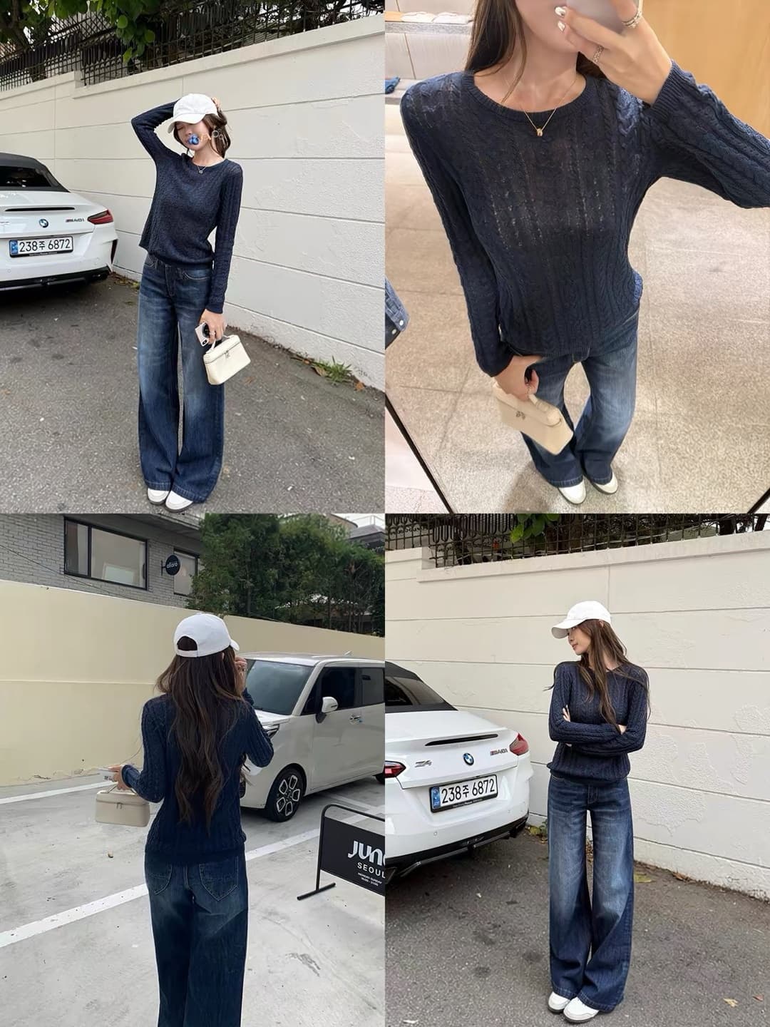 가을 겨울 새로운 마이크로 루즈핏 작은 넓은 어깨 라운드 넥 트위스트 꽃 풀오버 상세 이미지 5