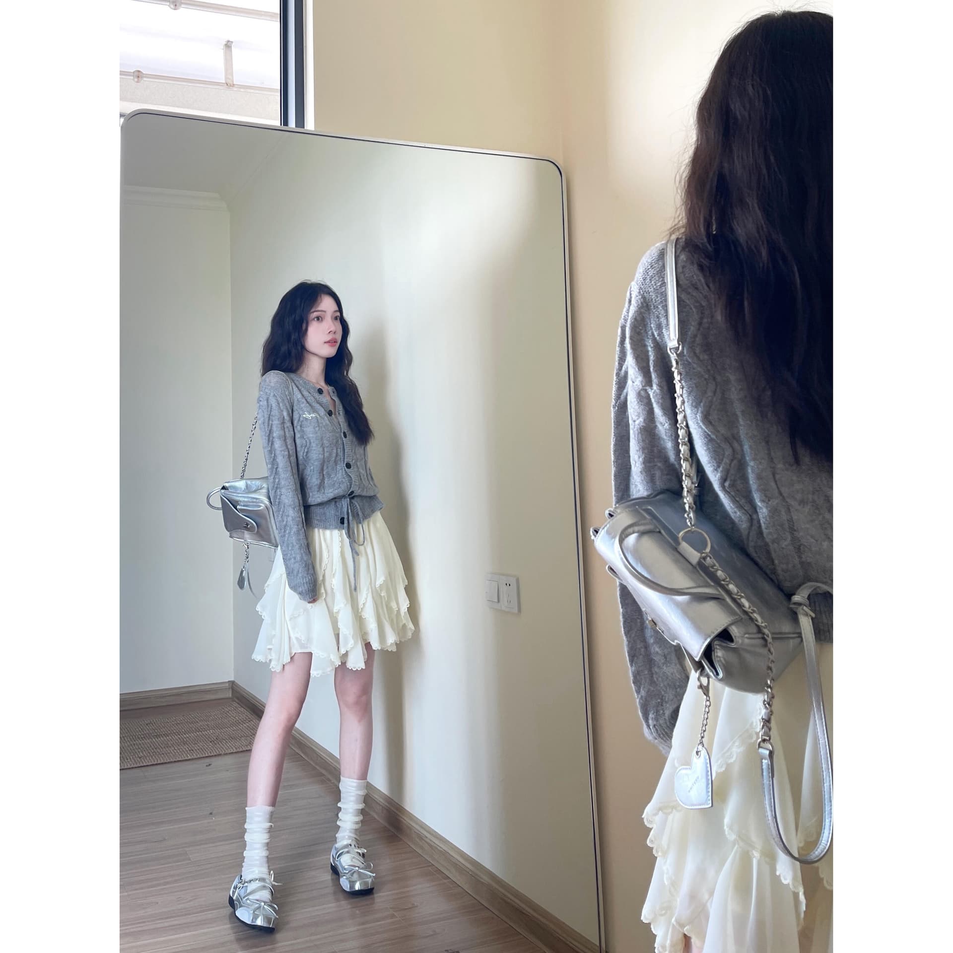 2026 년 이른 가을 착용 가져 가라. 한 부서 연령 감소 긴팔 니트 오픈 가디건 여성 허리 수축 레이스 반신 스커트 투피스 세트 이미지 5