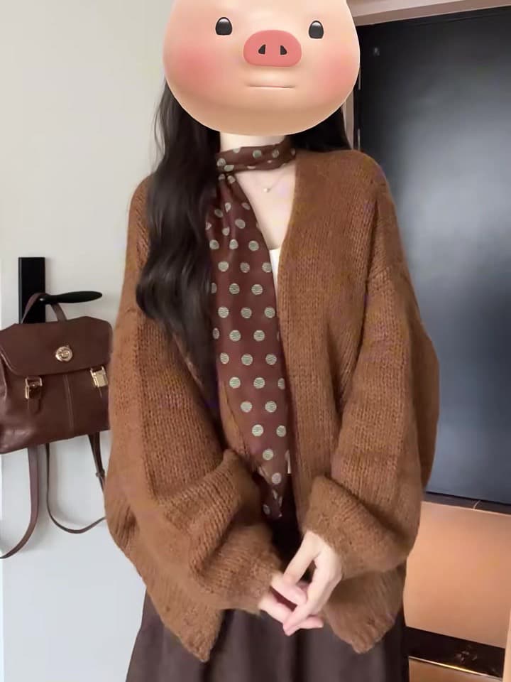 아름다움 라드. 커피 색상 마 하이 울 스웨터 여성 흐름 지불 느슨함 센스 니트 오픈 가디건 반신 스커트 3종 세트 이미지 4