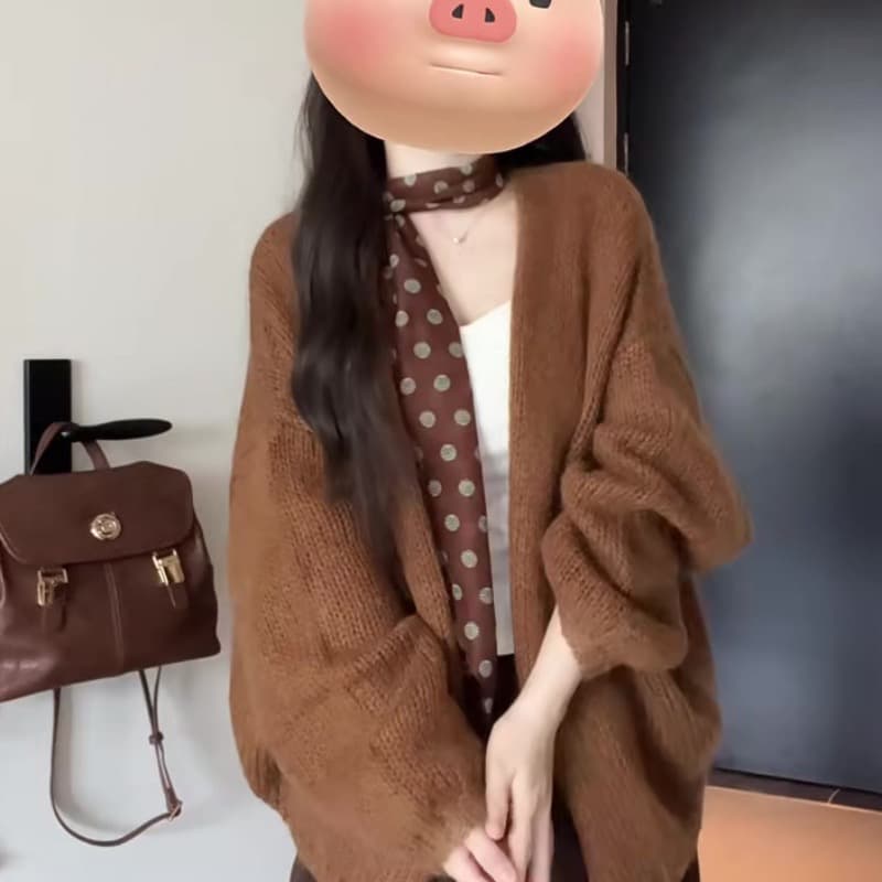 아름다움 라드. 커피 색상 마 하이 울 스웨터 여성 흐름 지불 느슨함 센스 니트 오픈 가디건 반신 스커트 3종 세트 이미지 5