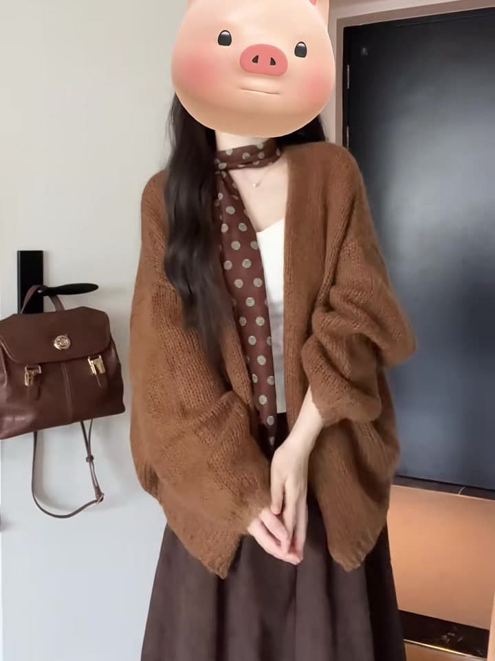 아름다움 라드. 커피 색상 마 하이 울 스웨터 여성 흐름 지불 느슨함 센스 니트 오픈 가디건 반신 스커트 3종 세트 상세 이미지 2
