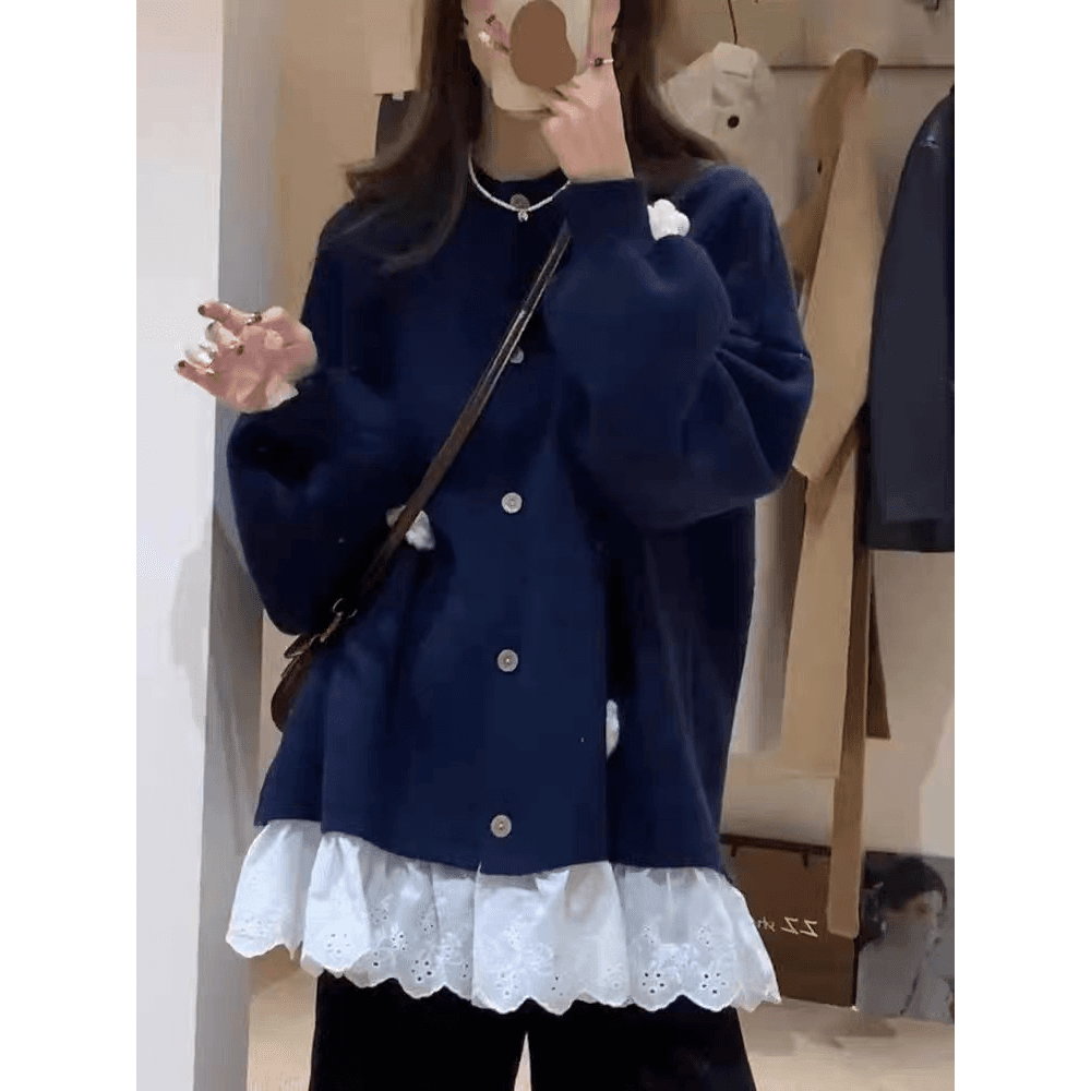 한 부서 달콤함 레이스 측면 페이크 레이어드 니트 오픈 가디건 빅 사이즈 여성 의류 봄 가을 긴팔 라운드 넥 3 차원 꽃 스웨터 이미지 5