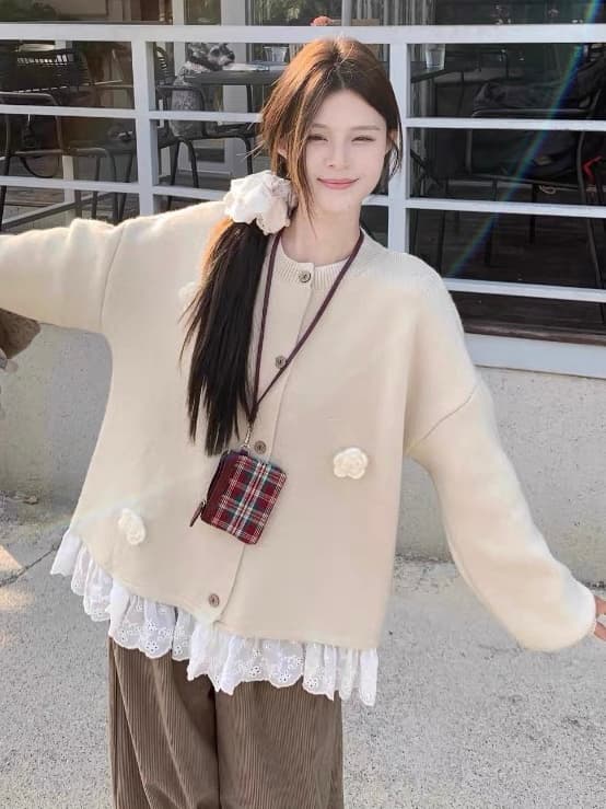 한 부서 달콤함 레이스 측면 페이크 레이어드 니트 오픈 가디건 빅 사이즈 여성 의류 봄 가을 긴팔 라운드 넥 3 차원 꽃 스웨터 상세 이미지 5