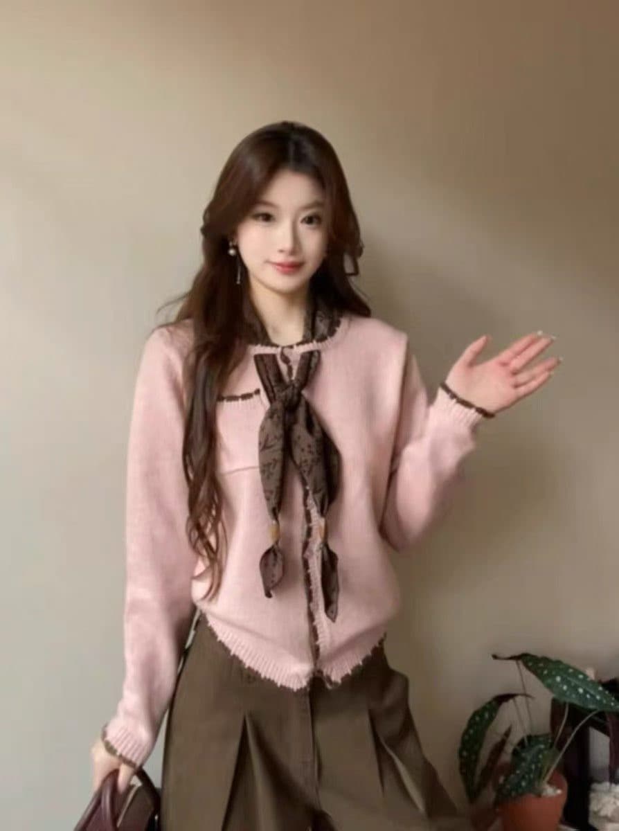 한 부서 아름다운 작은 샤넬 스타일 핑크색 리본 니트 오픈 가디건 여성 2026 이른 가을 새로운 슈퍼 화재 연령 감소 스웨터 세트 이미지 2