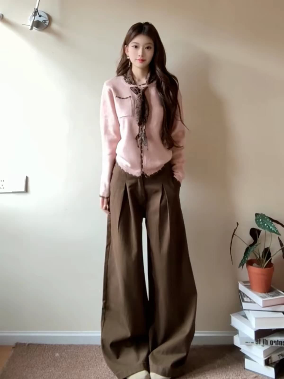 한 부서 아름다운 작은 샤넬 스타일 핑크색 리본 니트 오픈 가디건 여성 2026 이른 가을 새로운 슈퍼 화재 연령 감소 스웨터 세트 이미지 4