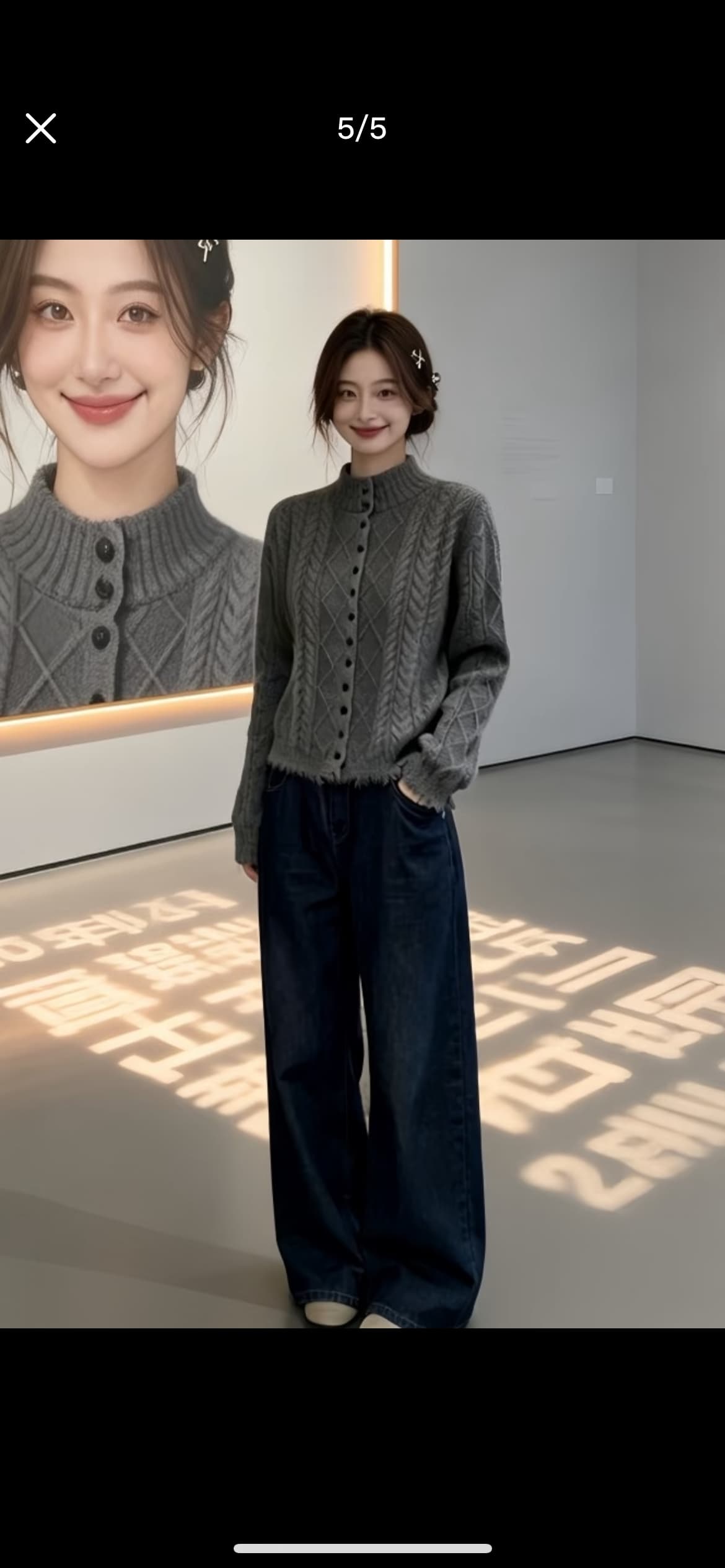 2026 슈퍼 화재 이른 가을 그레이트 통해보기 가져 가라. 전체 집합 회색 술 오픈 가디건 청바지 투피스 슈트 여성 상세 이미지 4