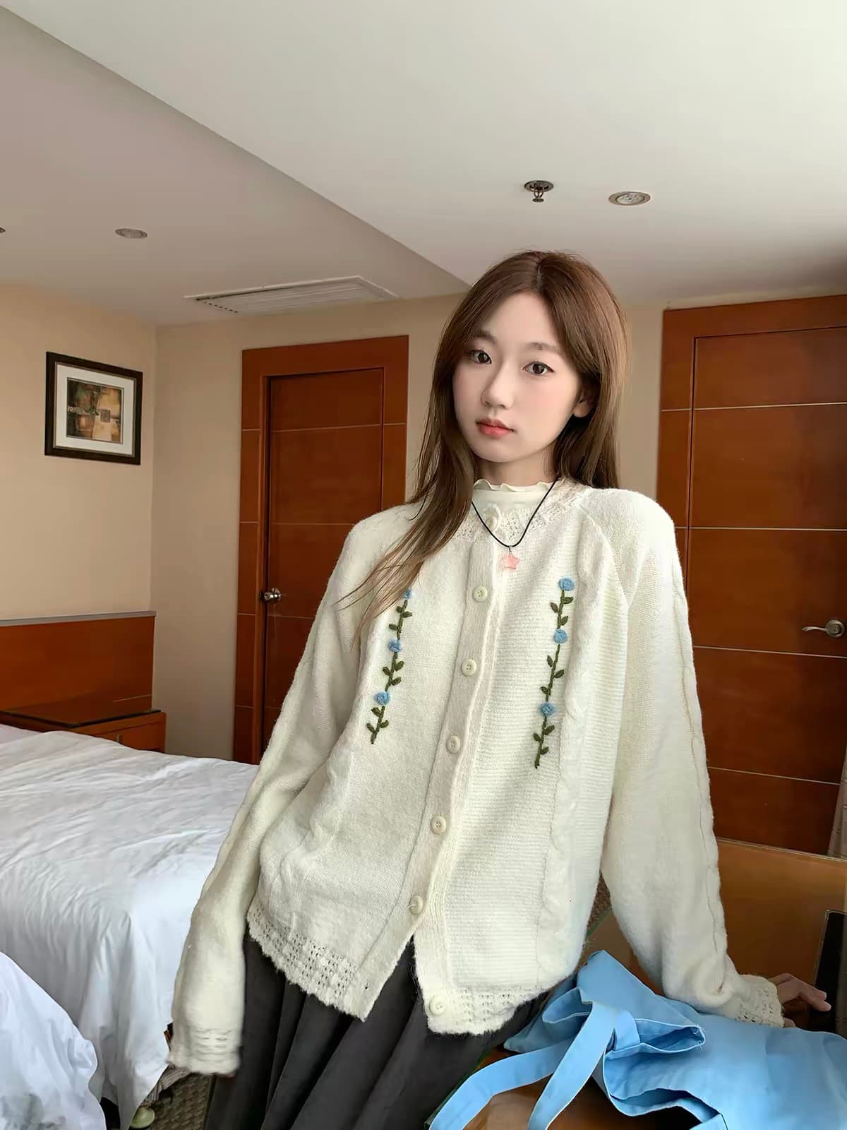 한 부서 부드러운 다용도 자수 부드러운 찹쌀 루즈핏 스웨터 니트 오픈 가디건 여성 셔츠 2026 새로운 상세 이미지 5