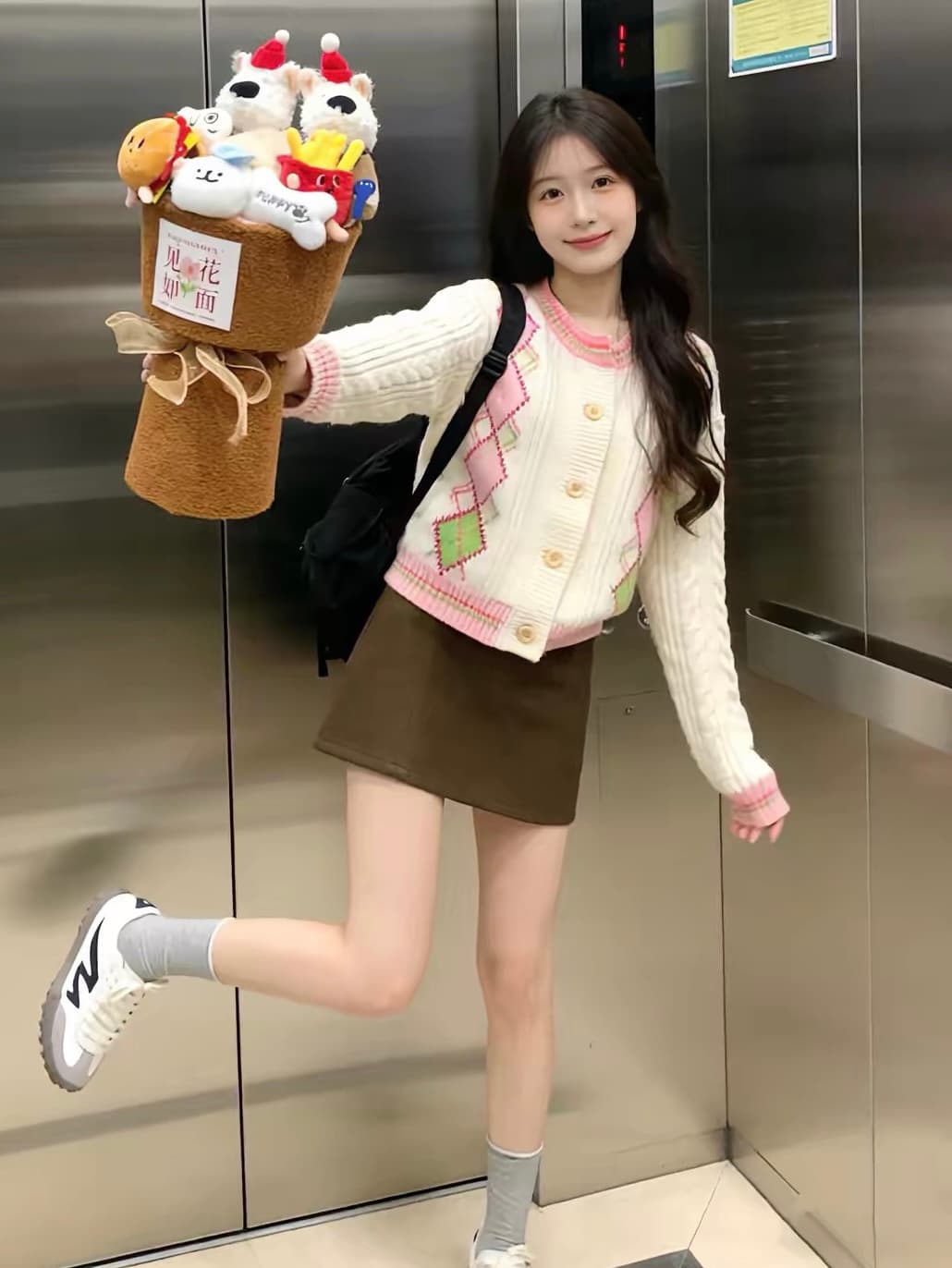 아메리칸 레트로 학원 스타일 링 그리드 오픈 가디건 스웨터 반신 스커트 여성 봄 가을 작은 키 꽈배기 니트 맨위 세트 상세 이미지 1