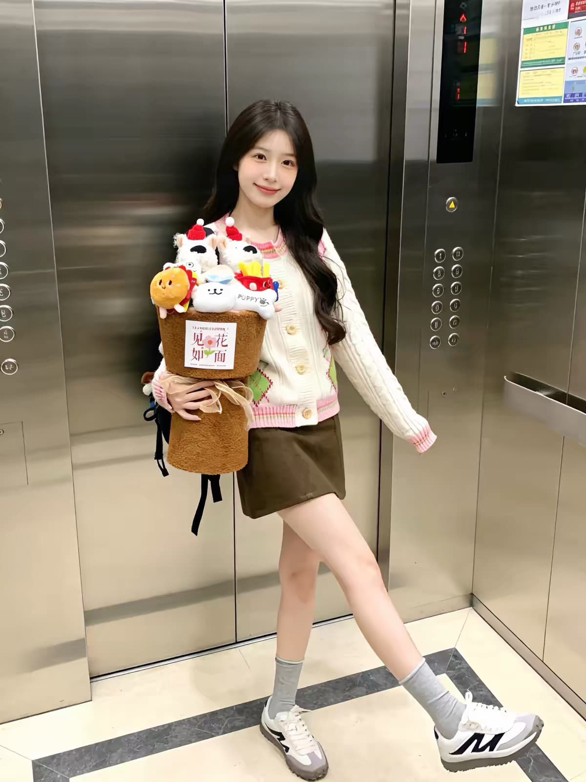 아메리칸 레트로 학원 스타일 링 그리드 오픈 가디건 스웨터 반신 스커트 여성 봄 가을 작은 키 꽈배기 니트 맨위 세트 상세 이미지 3