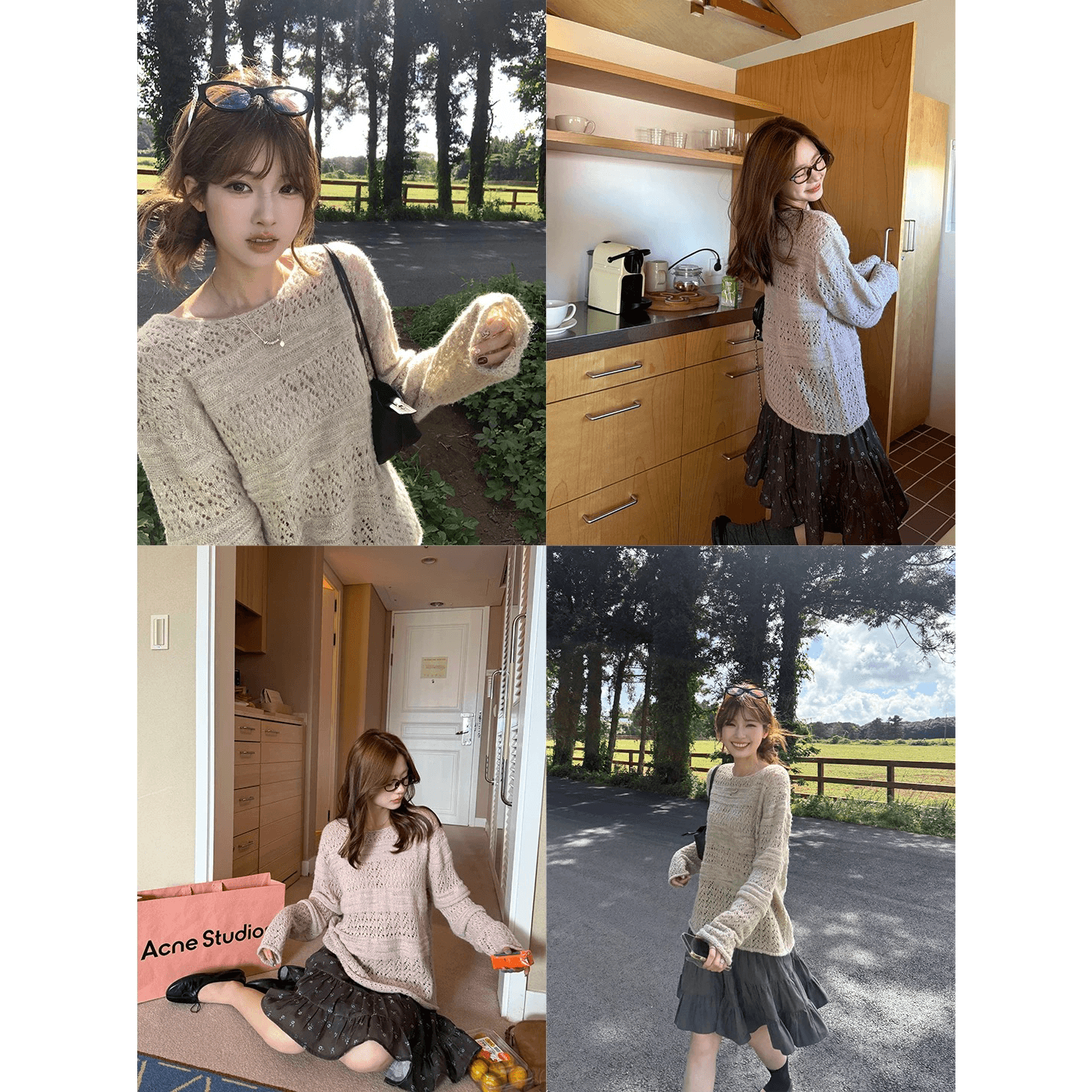 모헤어 부드러운 바람 홀로우 아웃 자수 니트 블라우스 루즈핏 라운드 넥 느긋한 스웨터 이미지 5