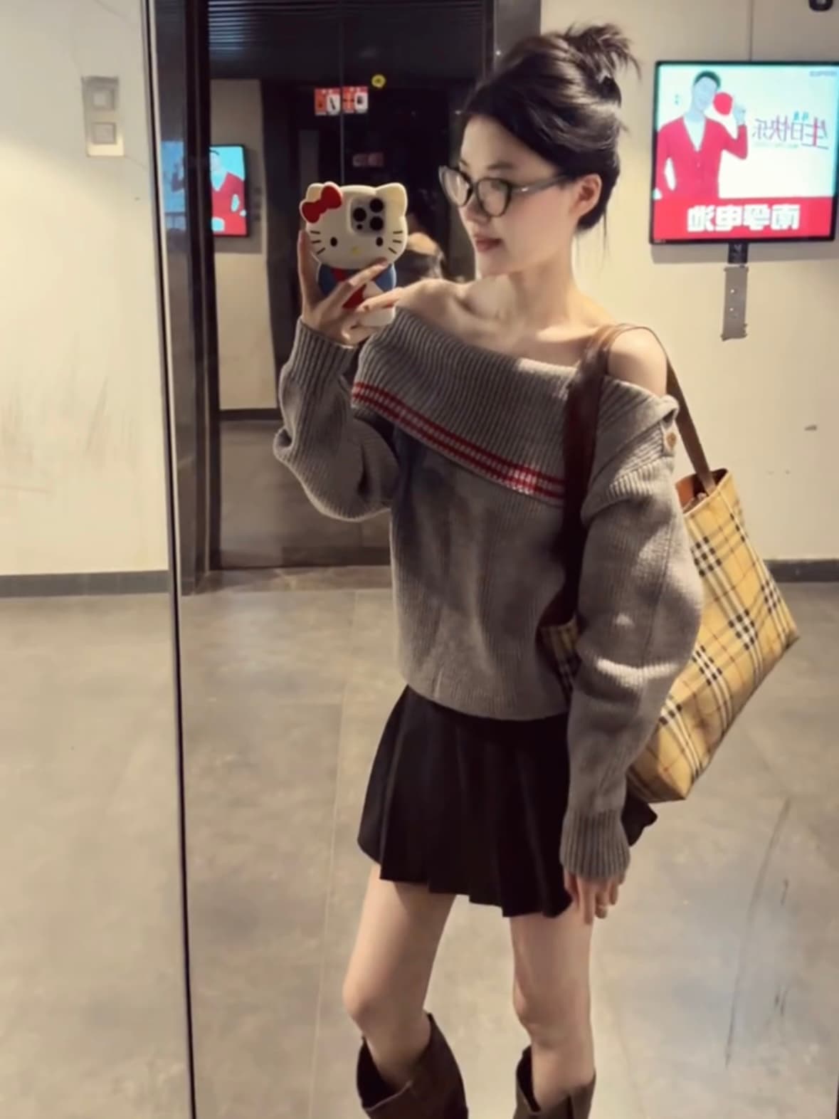보트넥 디자인 센스 스웨터 반신 스커트 착용 가져 가라. 비스듬한 어깨 의류 루즈핏 고급 센스 니트 스웨터 세트 이미지 4