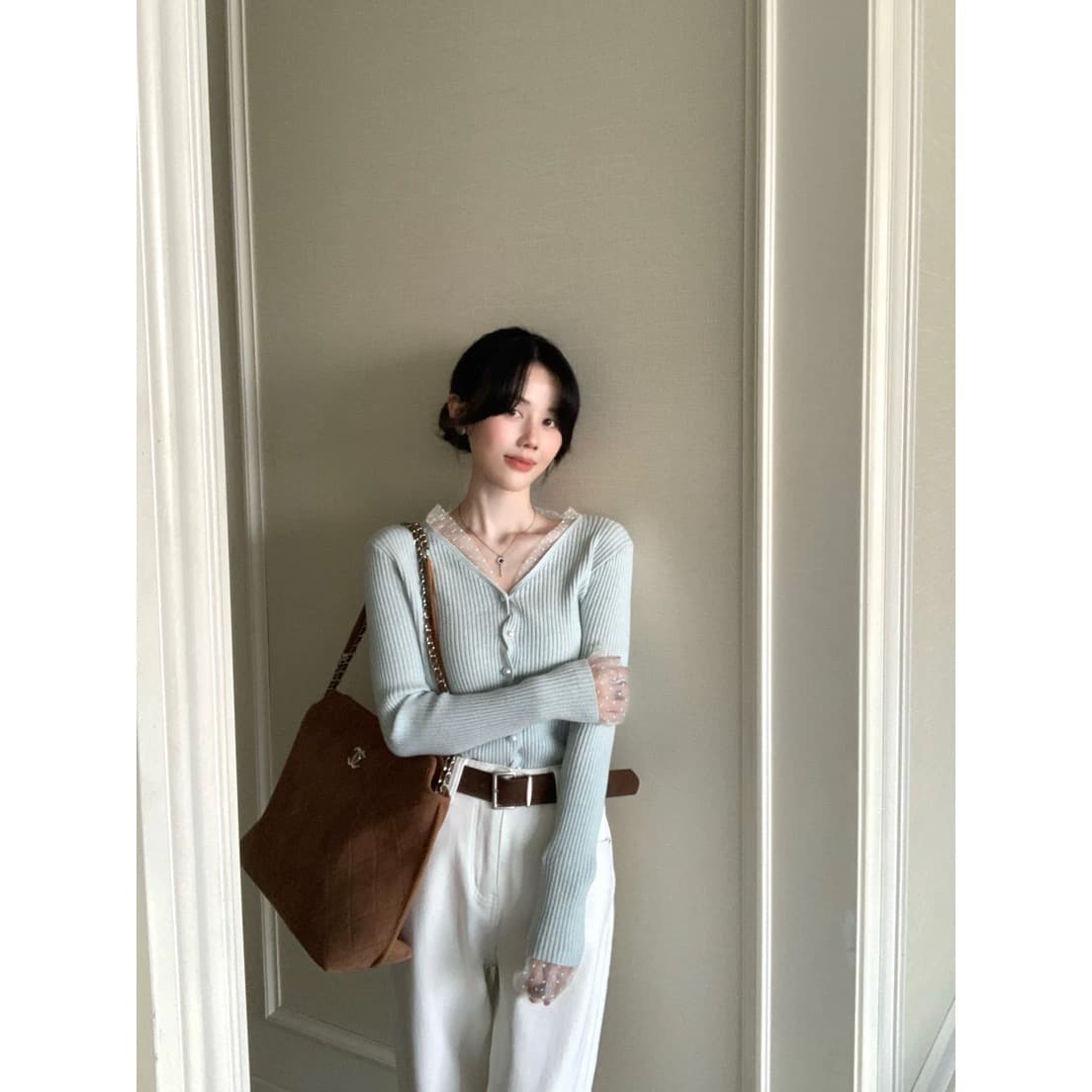 디자인 한국 부드러운 레이스 조각 V넥 슬림해 보이는 다용도 스웨터 니트 오픈 가디건 이미지 5