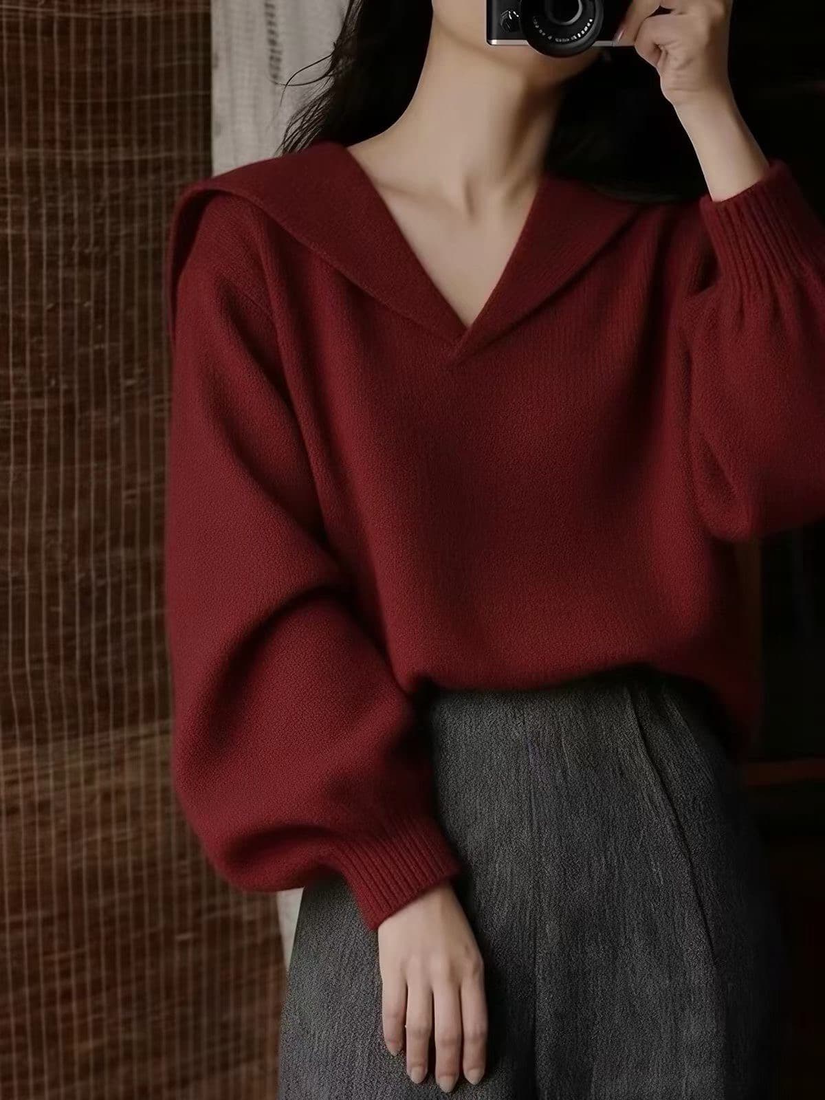 레트로 느긋한 바람 크리스마스 빨간색 해군 칼라 스웨터 여자 가을 겨울 인사이드 가져 가라. 외출용 루즈핏 풀오버 니트 스웨터 맨위 상세 이미지 6