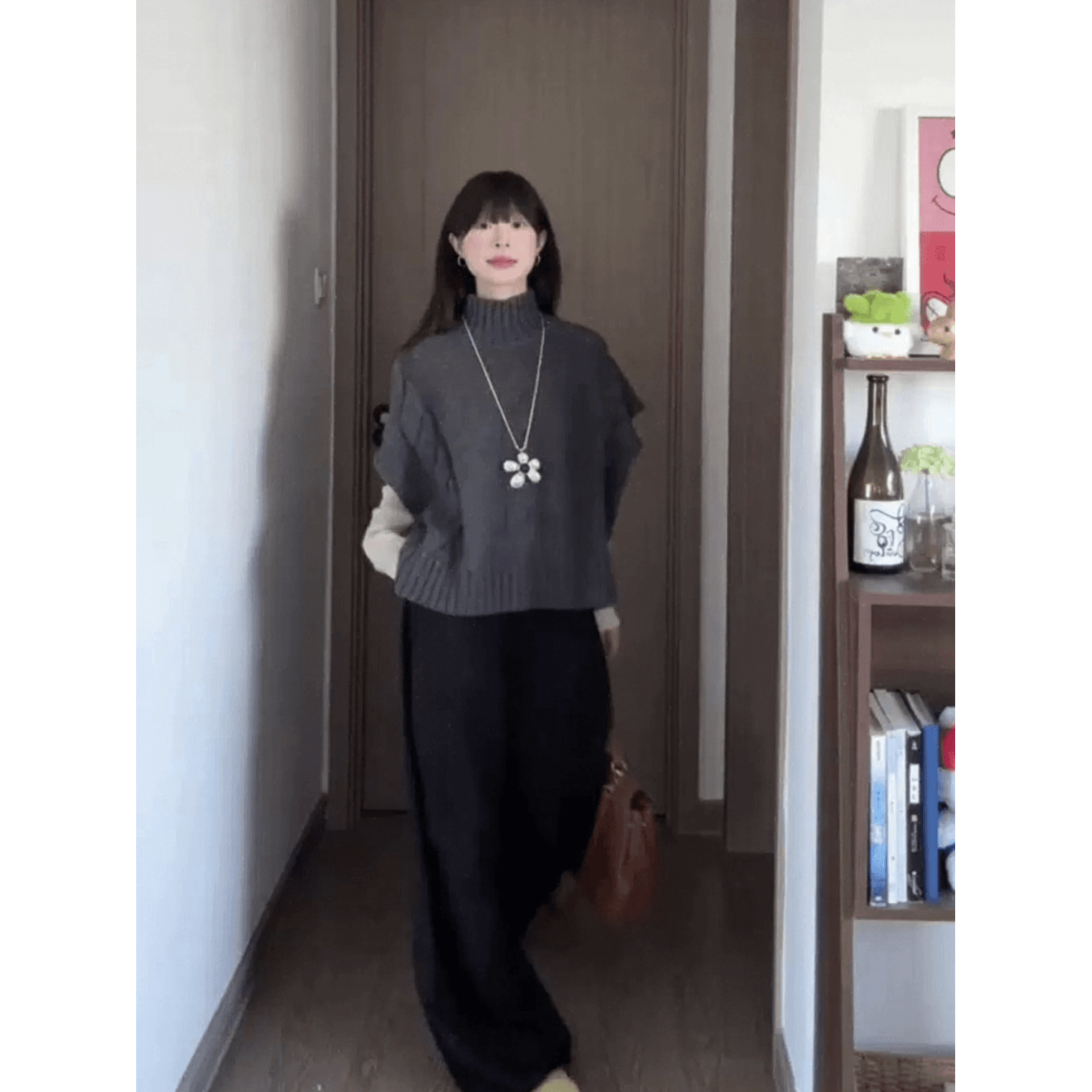 한 부서 느긋한 바람 회색 터틀넥 망토 민소매 베스트 가을 겨울 디자인 센스 꽈배기 니트 스웨터 3종 세트 이미지 5