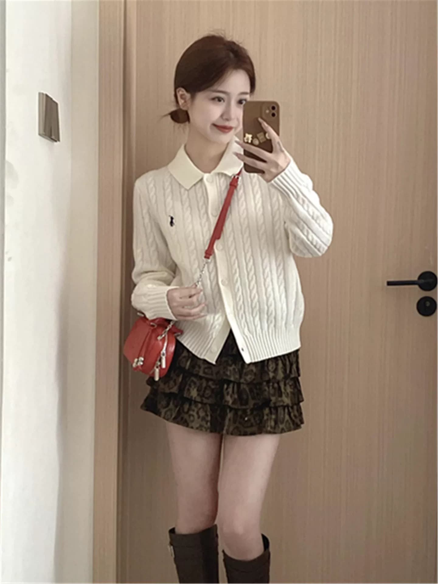 학원 스타일 폴로 칼라 자수 꽈배기 스웨터 레오파드 무늬 치마 여성 자이언트 잘 생긴 다용도 부드러운 찹쌀 니트 오픈 가디건 세트 상세 이미지 1