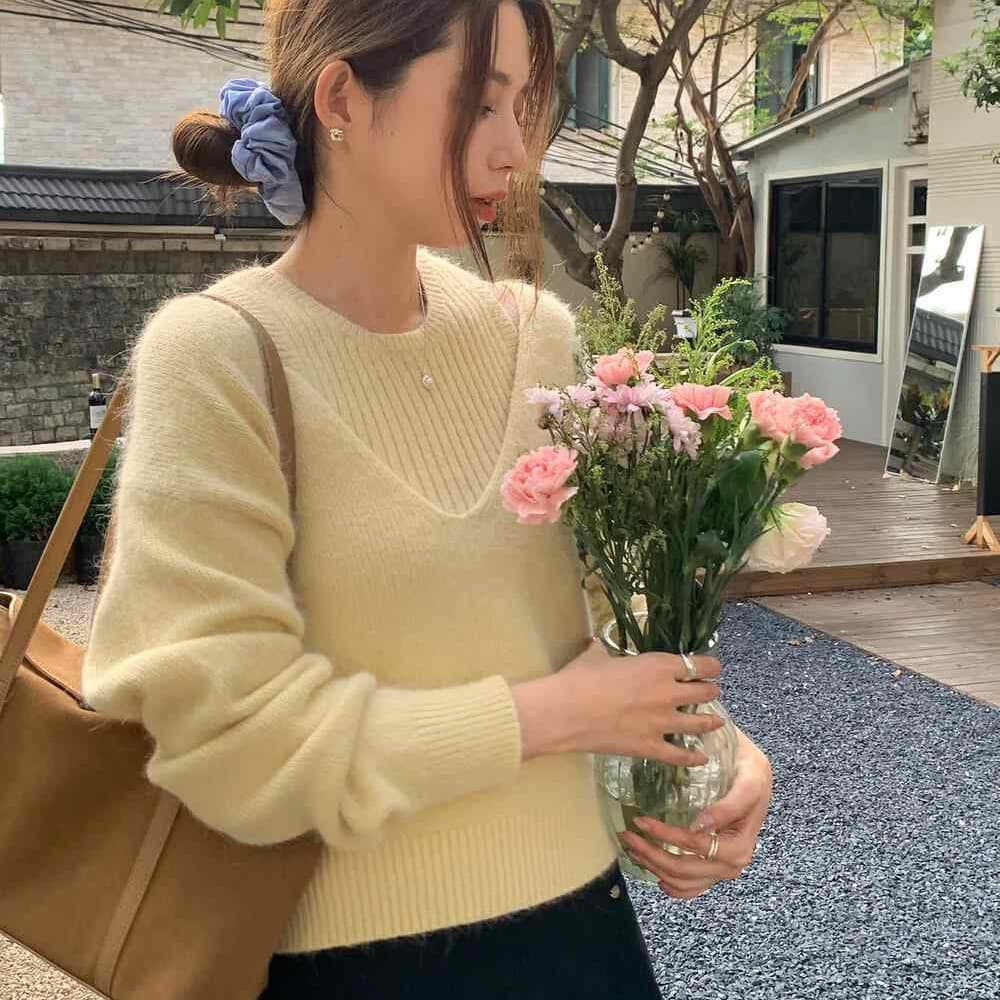 한 부서 미니멀리즘 바람 단색 투피스 세트 니트 스웨터 맨위 여성 가을 겨울 새로운 한국 스타일 여성 슬림해 보이는 다용도 스웨터 상세 이미지 3