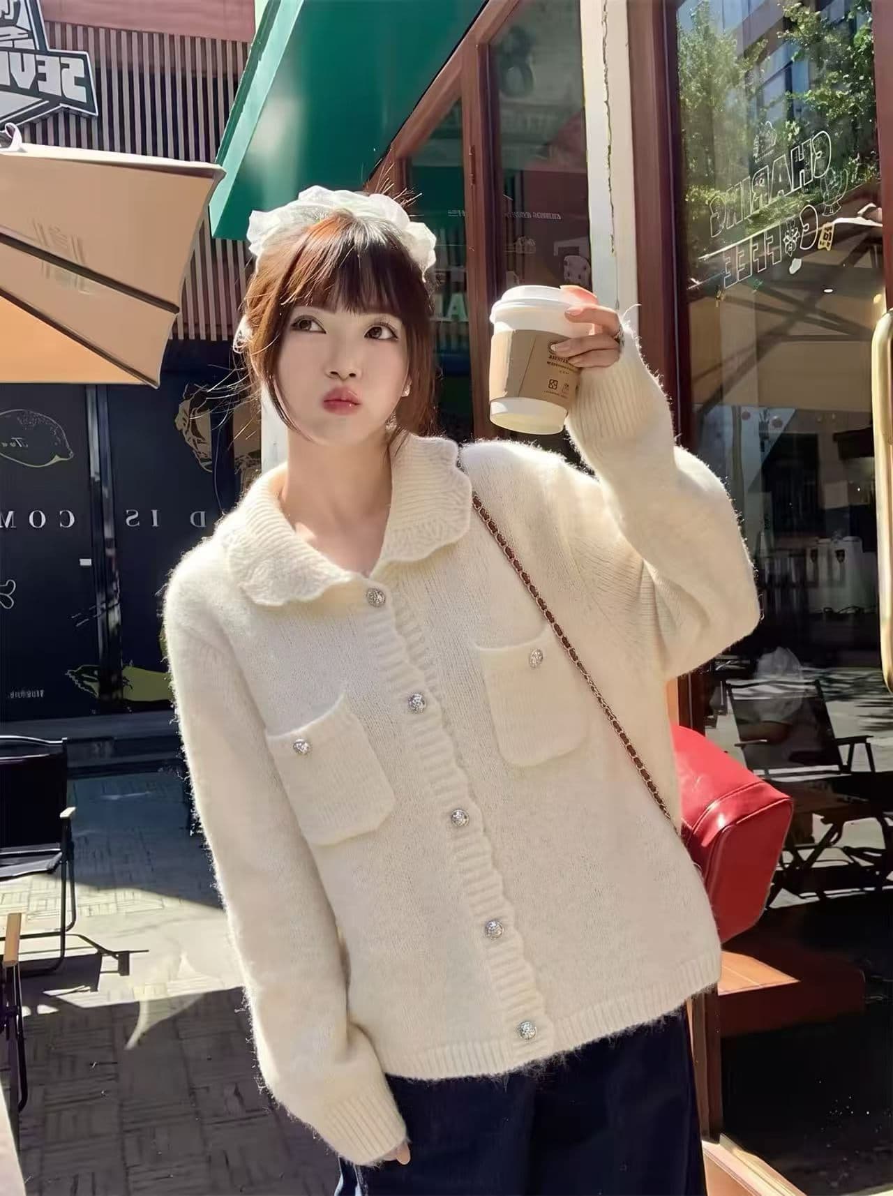 가을 겨울 새로운 한 부서 레이스 작은 샤넬 스타일 니트 오픈 가디건 자이언트 잘 생긴 슬림해 보이는 루즈핏 스웨터 여성 코트 상세 이미지 1