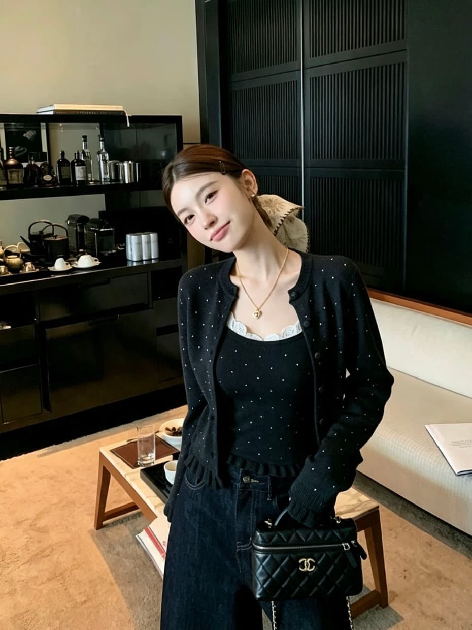 가을 겨울 새로운 한 부서 도트 무늬 목이버섯 레이스 오픈 가디건 절묘한 낭만주의 연령 감소 레이스 조각 슬립 스웨터 코트 이미지 4