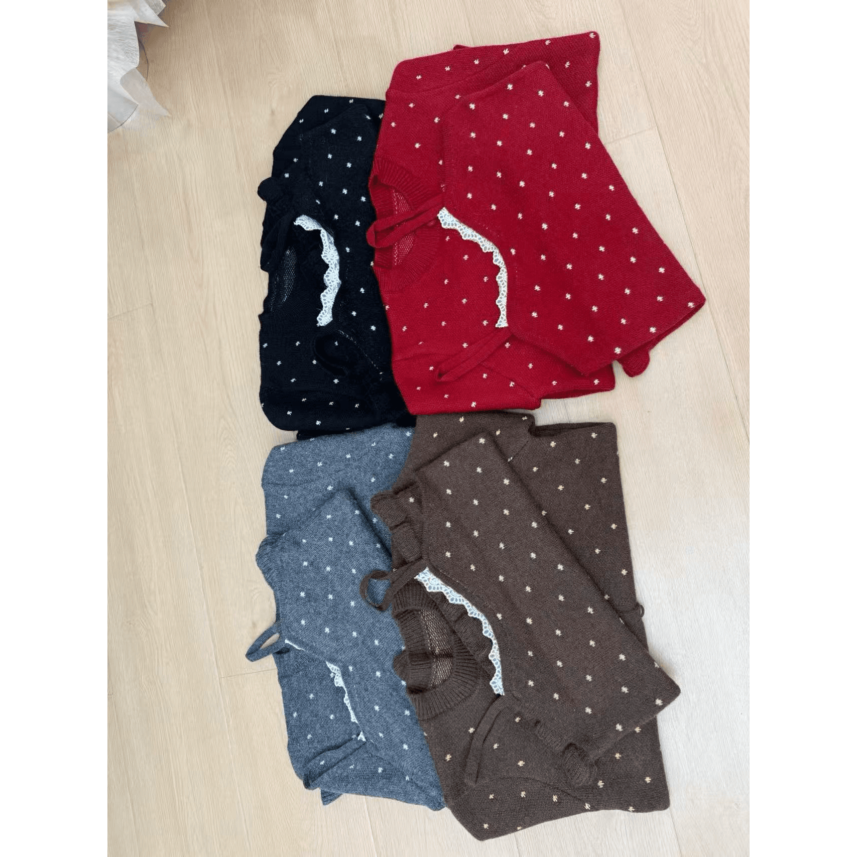 가을 겨울 새로운 한 부서 도트 무늬 목이버섯 레이스 오픈 가디건 절묘한 낭만주의 연령 감소 레이스 조각 슬립 스웨터 코트 이미지 5
