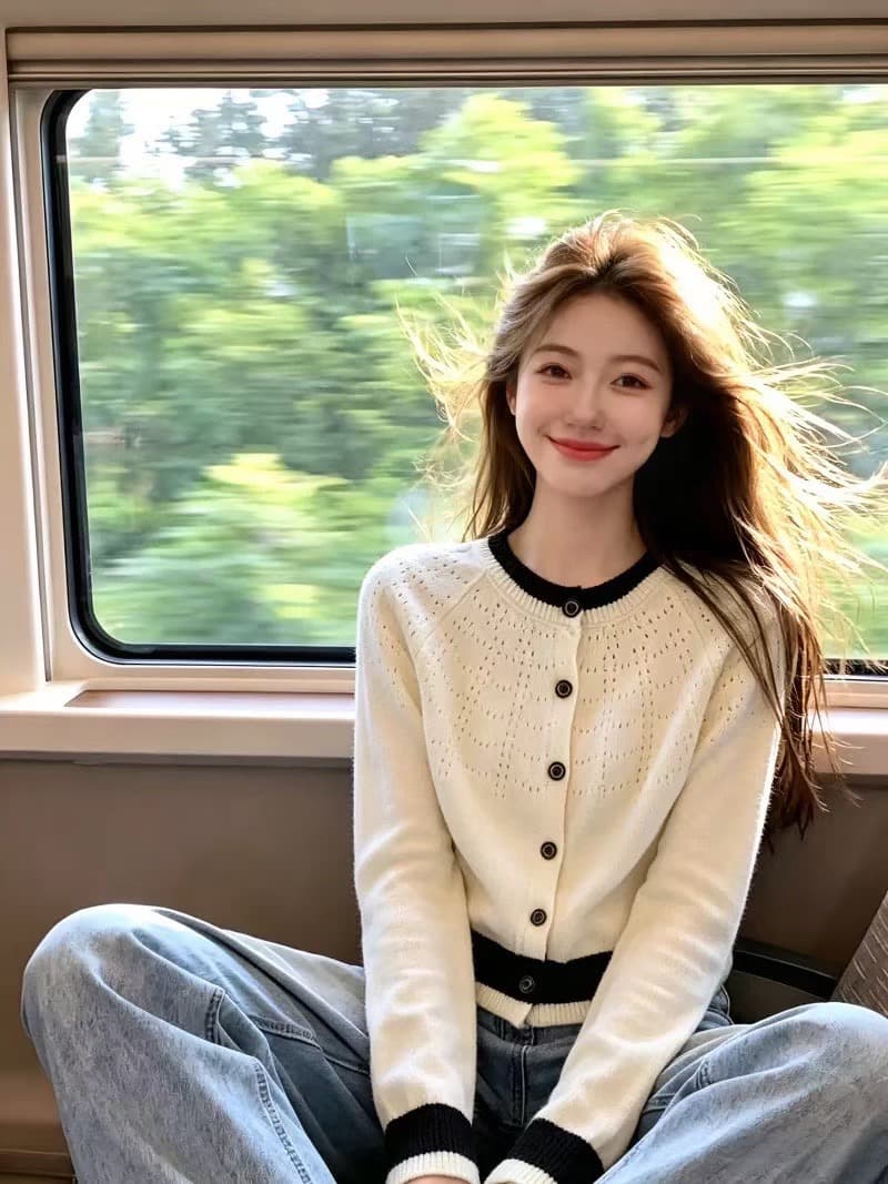 부드러운 바람 배색 홀로우 아웃 긴팔 니트 오픈 가디건 여성 2026 새로운 캐주얼 다용도 맨위 청바지 세트 이미지 2