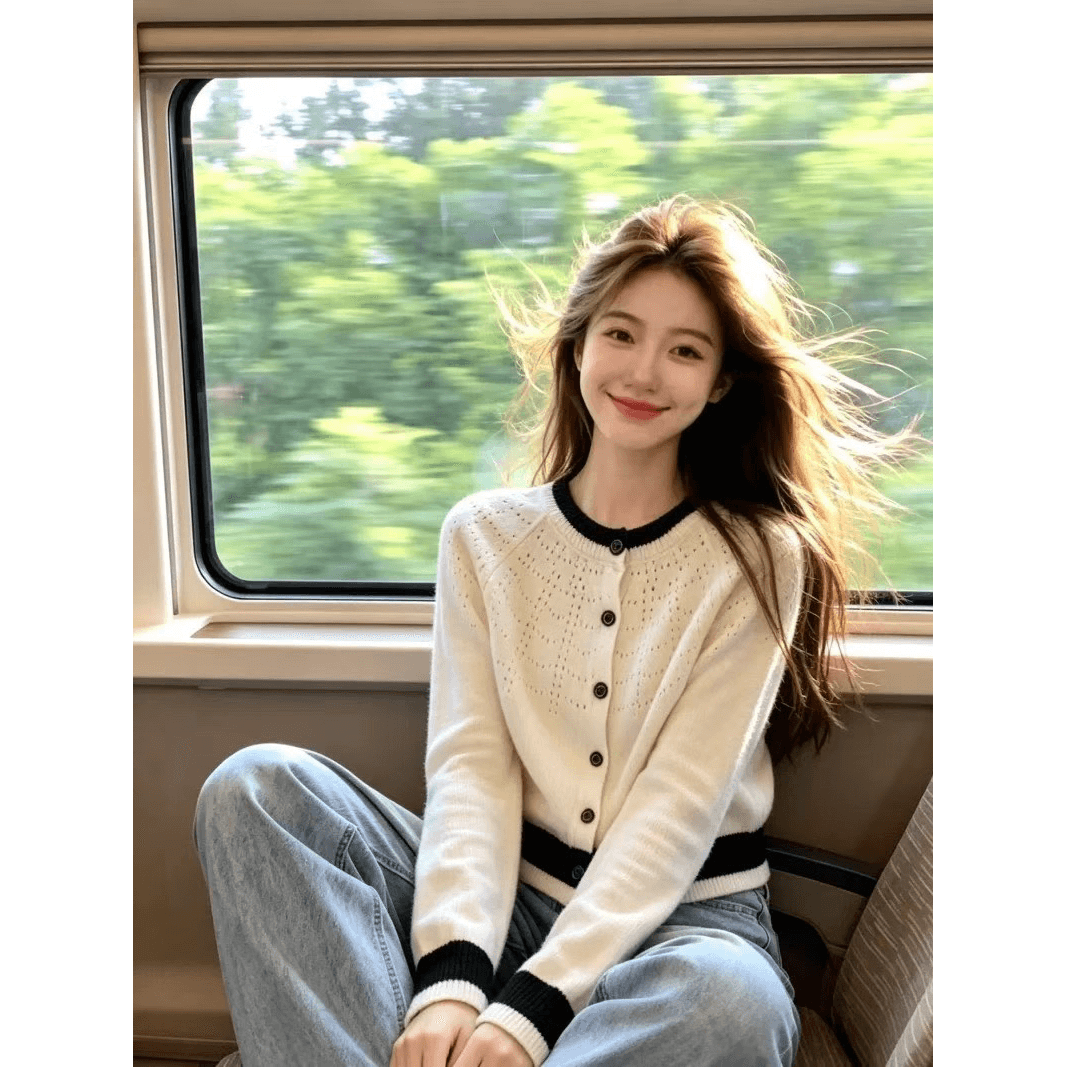 부드러운 바람 배색 홀로우 아웃 긴팔 니트 오픈 가디건 여성 2026 새로운 캐주얼 다용도 맨위 청바지 세트 이미지 5