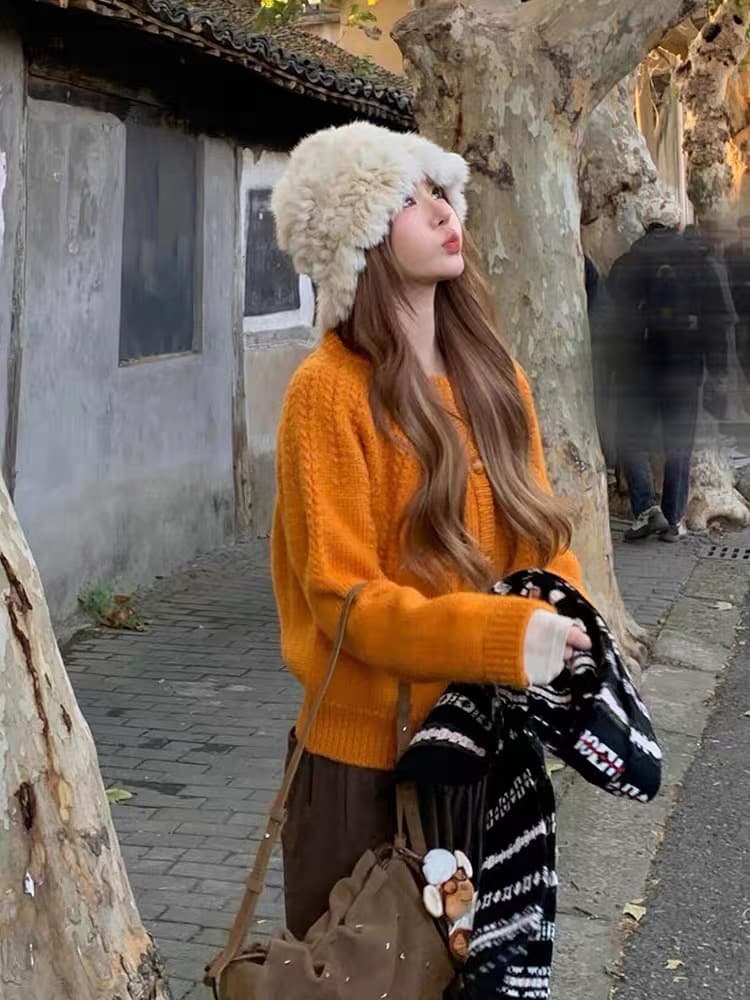 도파민 바람 주황색 부드러운 찹쌀 오픈 가디건 스웨터 여자 가을 겨울 느긋한 바람 루즈핏 작은 키 니트 스웨터 품격 맨위 이미지 2
