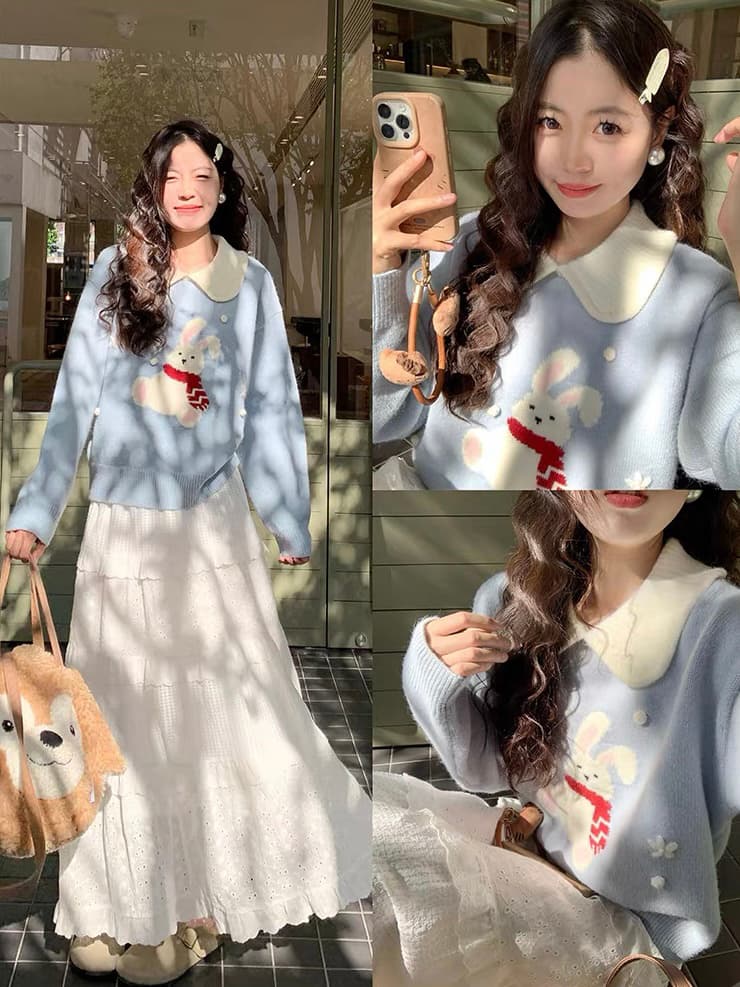부드러운 디자인 센스 연령 감소 파란색 스웨터 반신 스커트 가을 겨울 새로운 루즈핏 슬림해 보이는 니트 맨위 두 조각 여성 세트