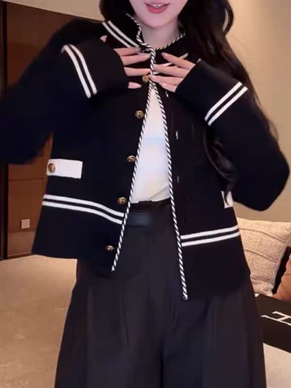 작은 샤넬 스타일 라운드 넥 스트라이프 오픈 가디건 여성 가을 겨울철 새로운 쇼트 스타일 싱글 줄 버튼 다용도 슬림해 보이는 니트 재킷 맨위 상세 이미지 2