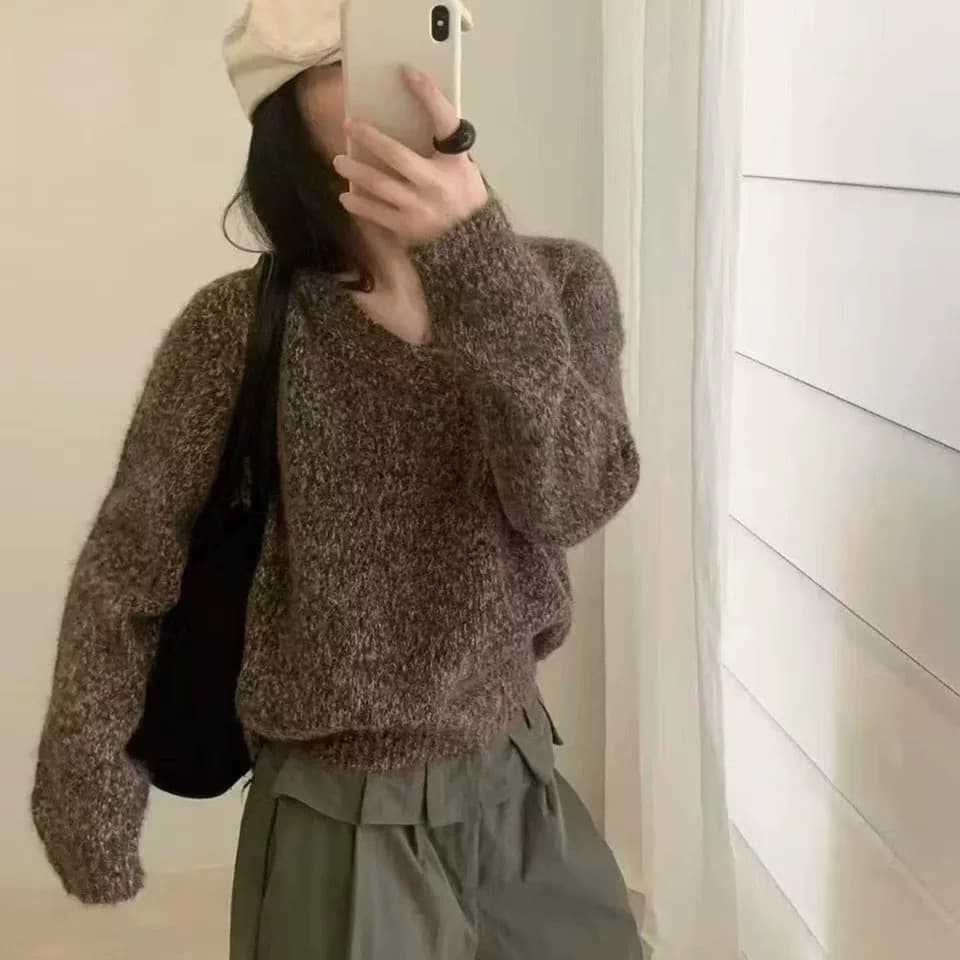 한 부서 레트로 v 칼라 플라워 실 니트 스웨터 여성 가을 겨울 새로운 패션 루즈핏 캐주얼 다용도 보온 인사이드 가져 가라. 스웨터 상세 이미지 5