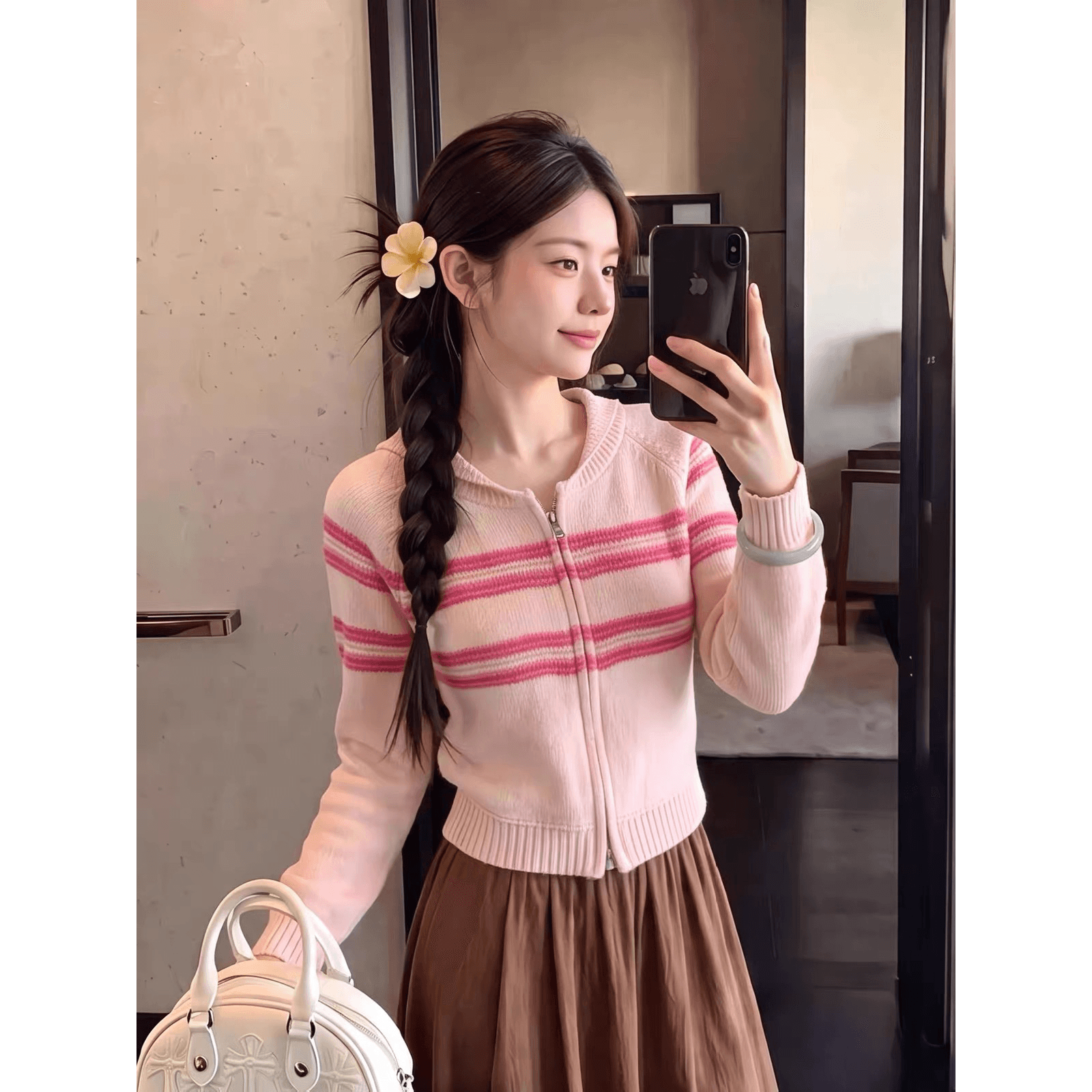 부드러운 바람 핑크색 스트라이프 니트 재킷 여성 의류 가을 스택 착용 루즈핏 디스플레이 얇고 작은 폴로 칼라 지퍼 긴팔 맨위 이미지 5