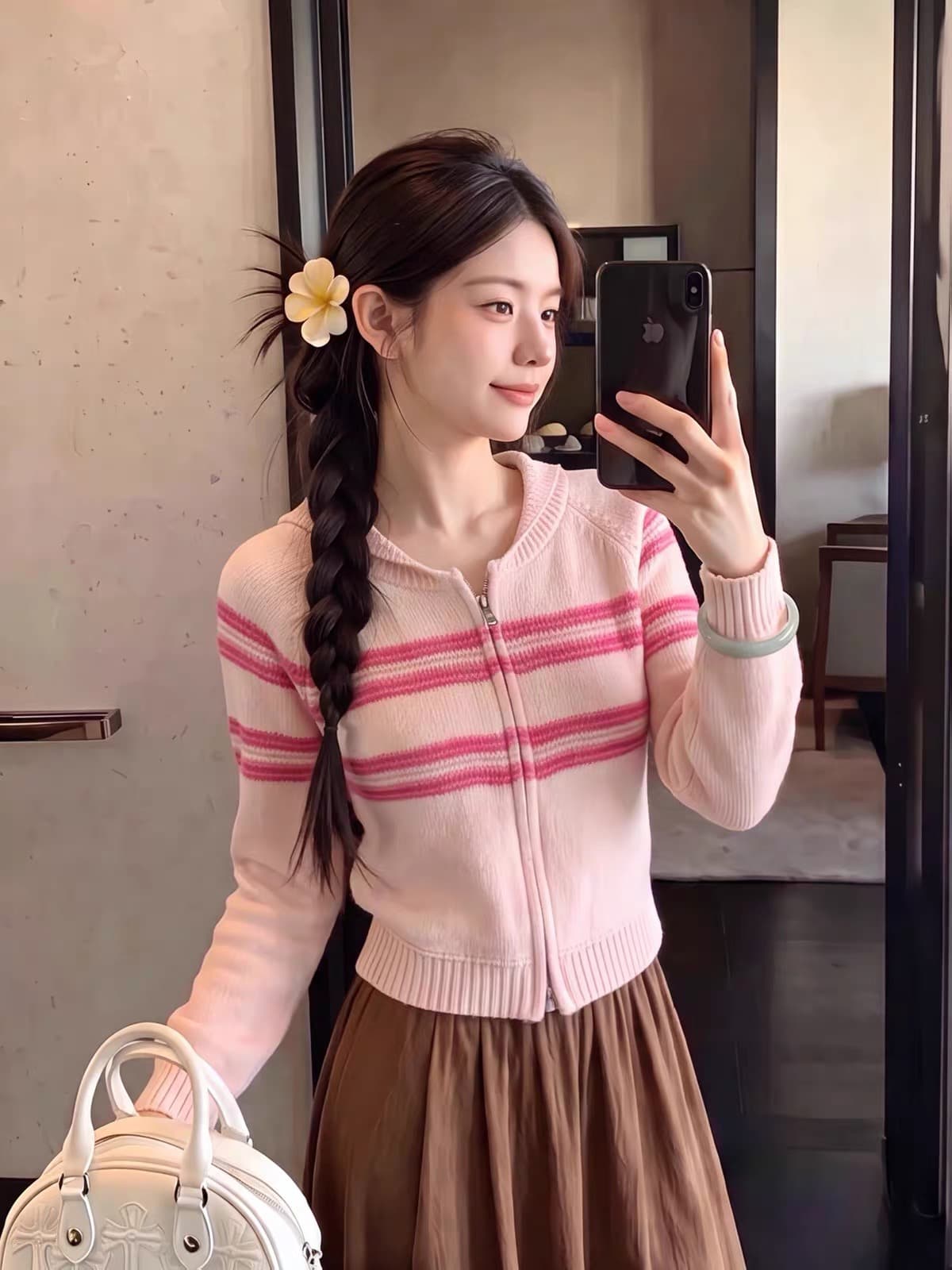 부드러운 바람 핑크색 스트라이프 니트 재킷 여성 의류 가을 스택 착용 루즈핏 디스플레이 얇고 작은 폴로 칼라 지퍼 긴팔 맨위 상세 이미지 1