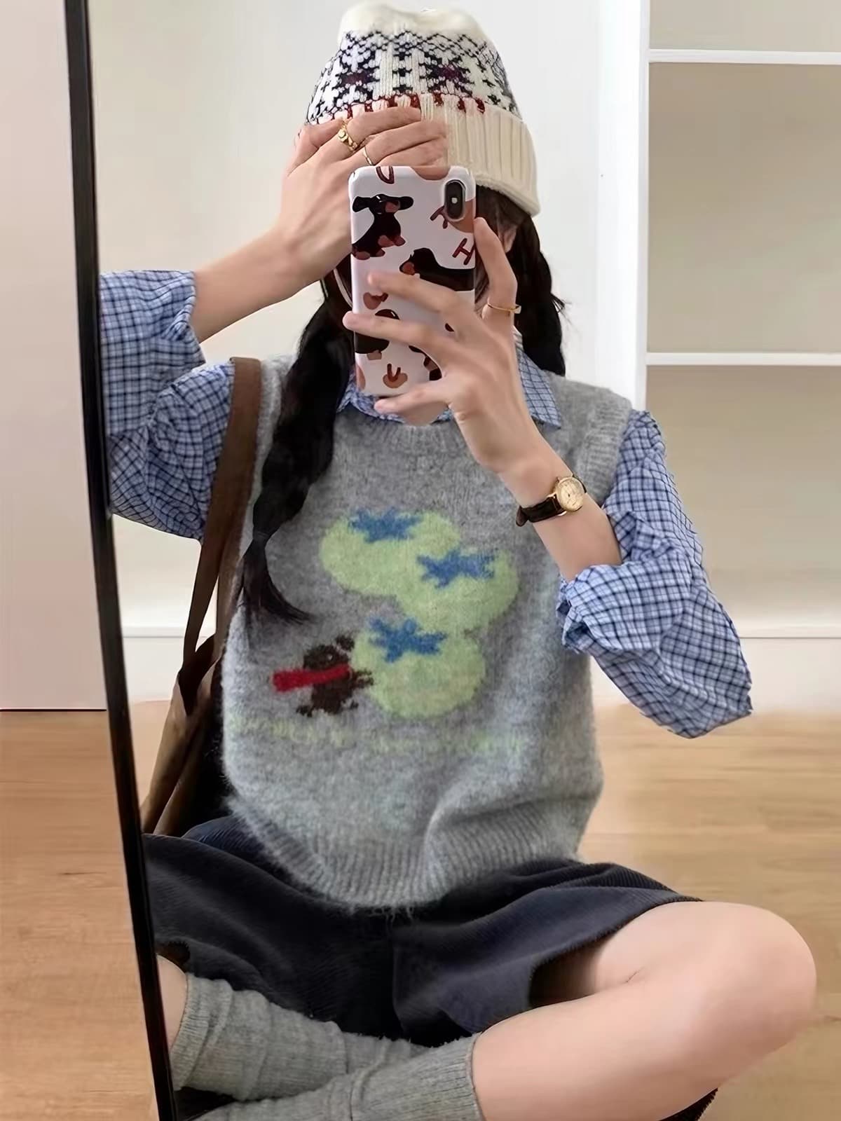 한 부서 연령 감소 토마토 자수 회색 니트 조끼 여자 루즈핏 봄 가을 스택 착용 민소매 스웨터 조끼 맨위 상세 이미지 1