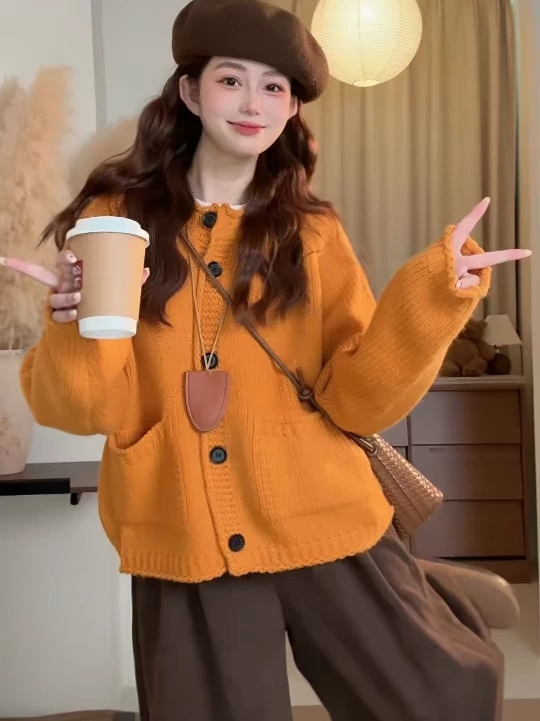 느긋한 바람 주황색 색상 라운드 넥 싱글 줄 버튼 스웨터 여성 코트 가을 겨울 새로운 와이드 부드러운 찹쌀 고급 센스 니트 오픈 가디건 이미지 2