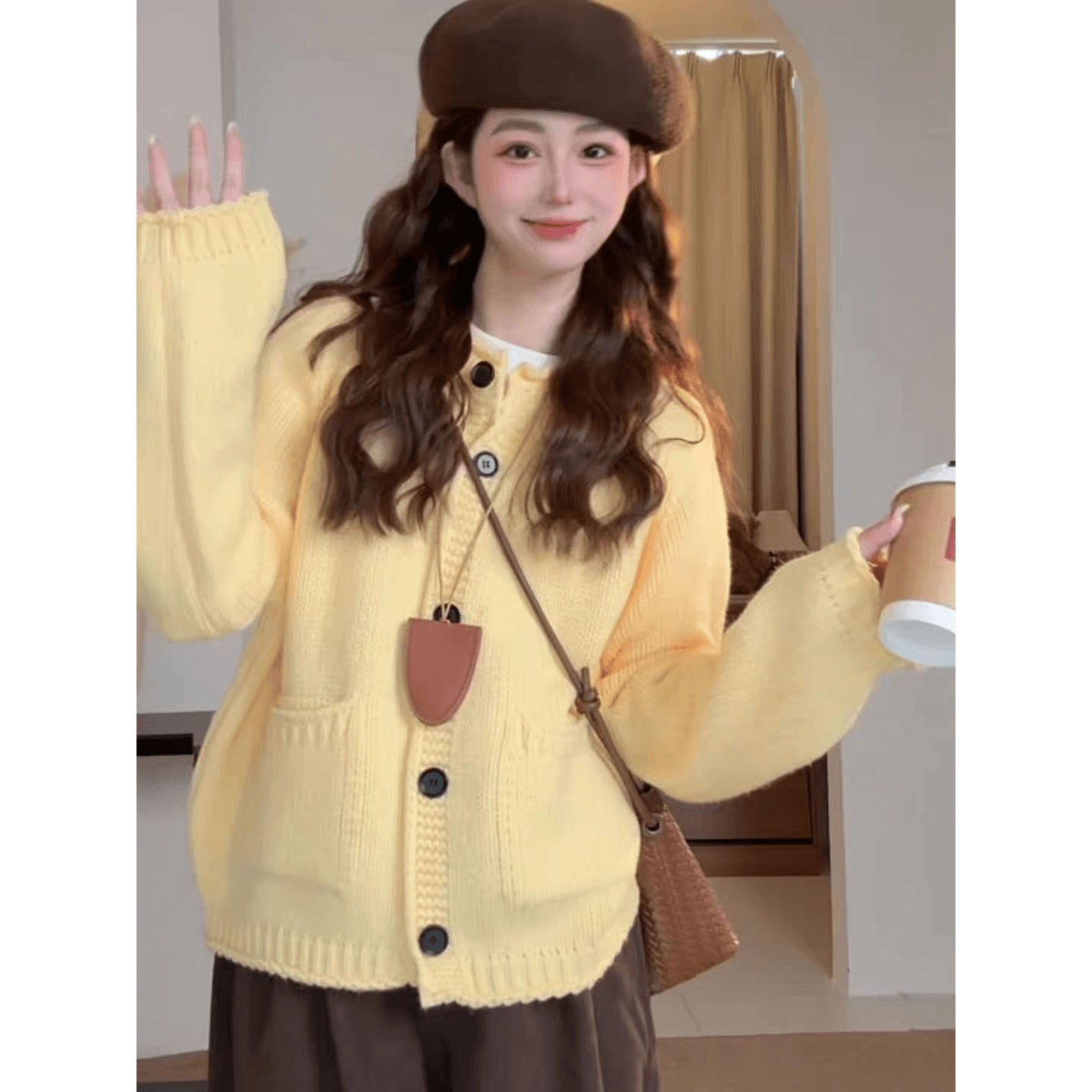 느긋한 바람 주황색 색상 라운드 넥 싱글 줄 버튼 스웨터 여성 코트 가을 겨울 새로운 와이드 부드러운 찹쌀 고급 센스 니트 오픈 가디건 이미지 5