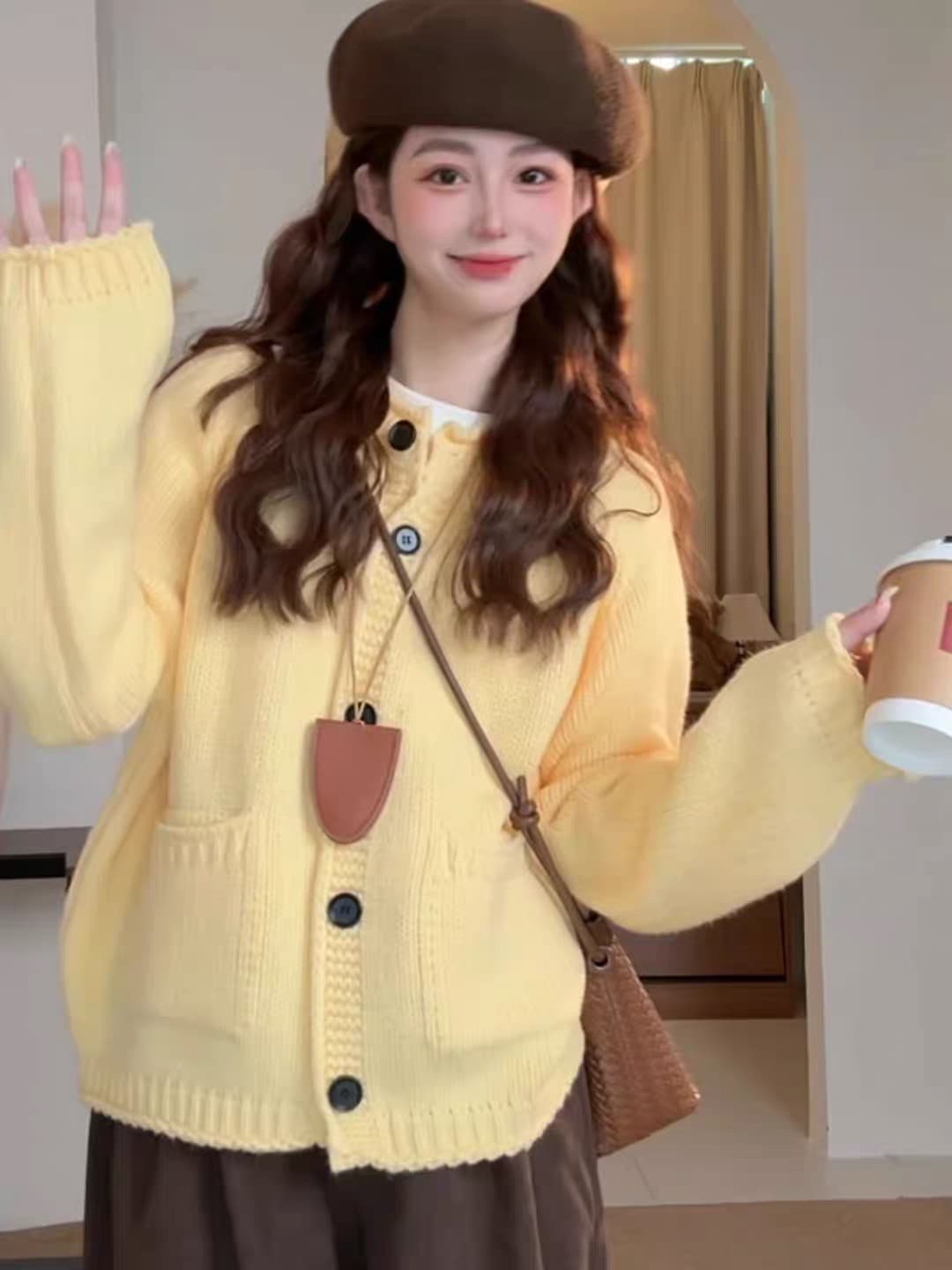 느긋한 바람 주황색 색상 라운드 넥 싱글 줄 버튼 스웨터 여성 코트 가을 겨울 새로운 와이드 부드러운 찹쌀 고급 센스 니트 오픈 가디건 상세 이미지 5