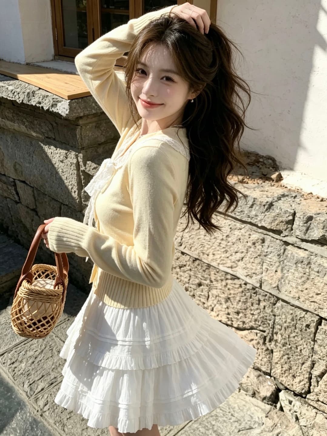 이른 가을 새로운 소녀 센스 레이스 해군 칼라 니트 카디건 코트 달콤함 맨위 반신 스커트 투피스 슈트 이미지 2