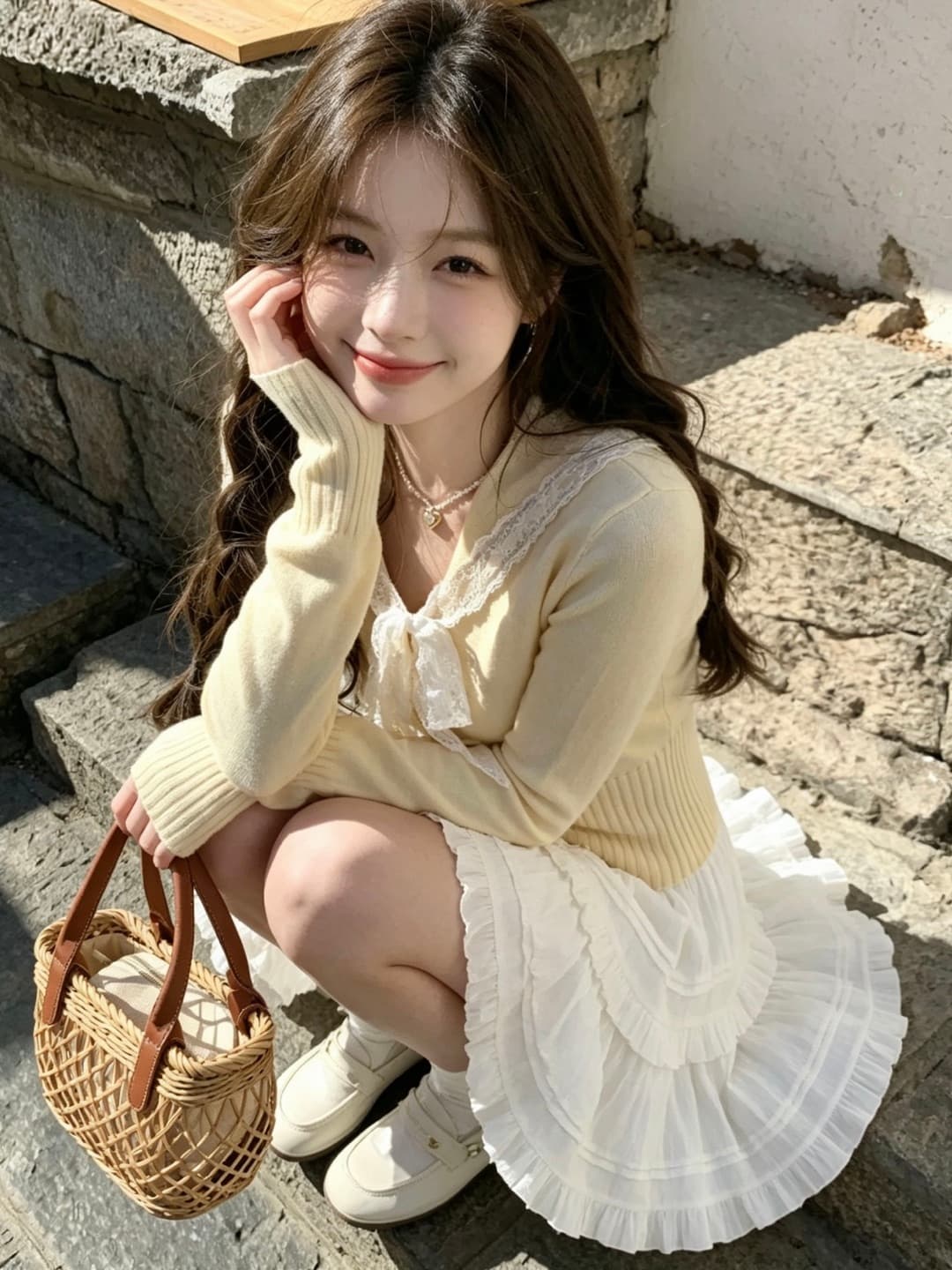 이른 가을 새로운 소녀 센스 레이스 해군 칼라 니트 카디건 코트 달콤함 맨위 반신 스커트 투피스 슈트 상세 이미지 4