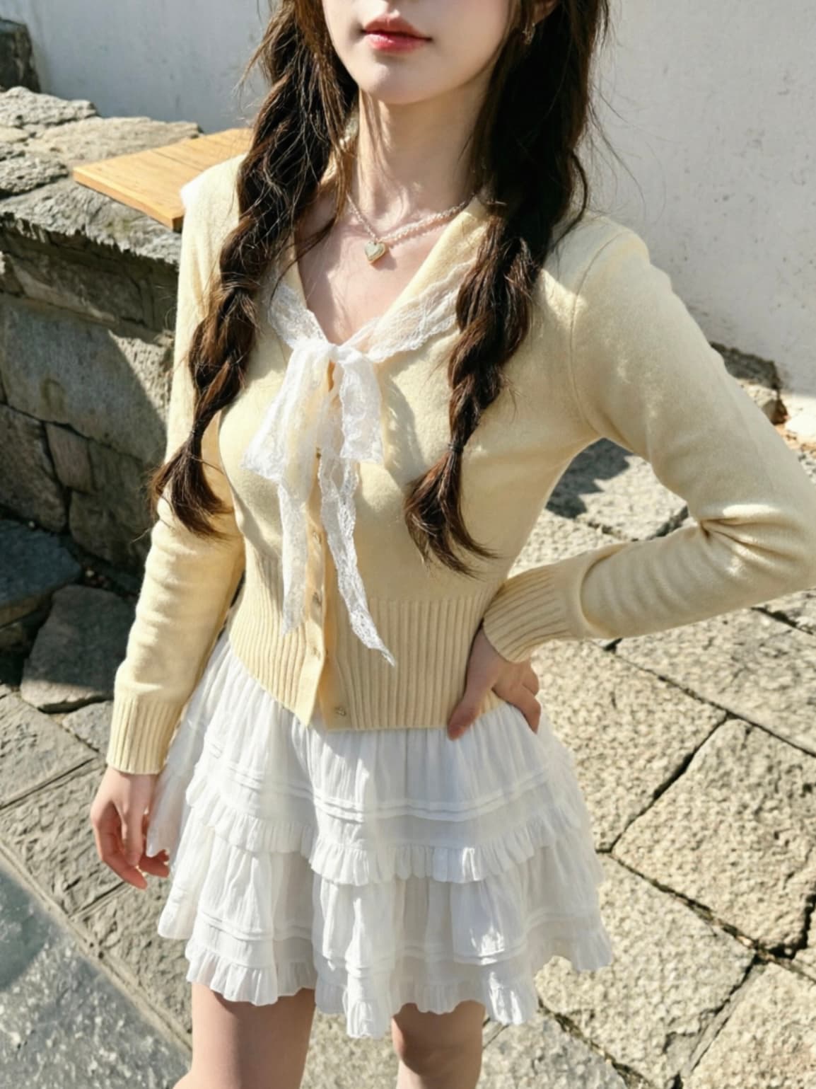 이른 가을 새로운 소녀 센스 레이스 해군 칼라 니트 카디건 코트 달콤함 맨위 반신 스커트 투피스 슈트 상세 이미지 5