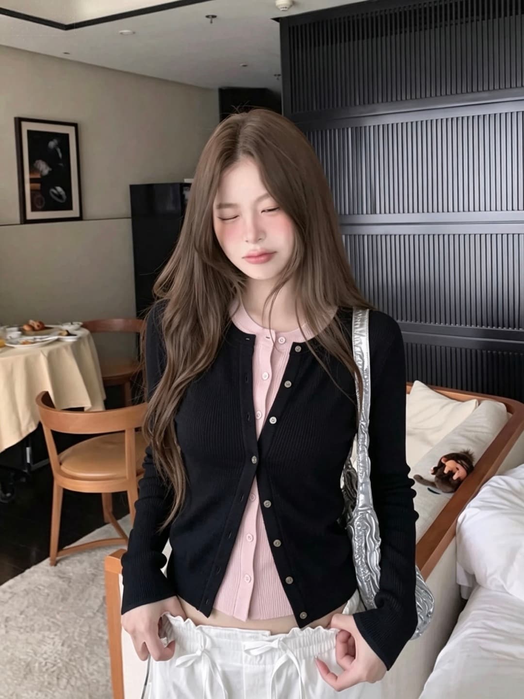 세련된 스택 음악 한 부서 계층의 감각 몸매 가꾸기 맨위 여성 페이크 레이어드 패치워크 색상 양모 니트 오픈 가디건 상세 이미지 8
