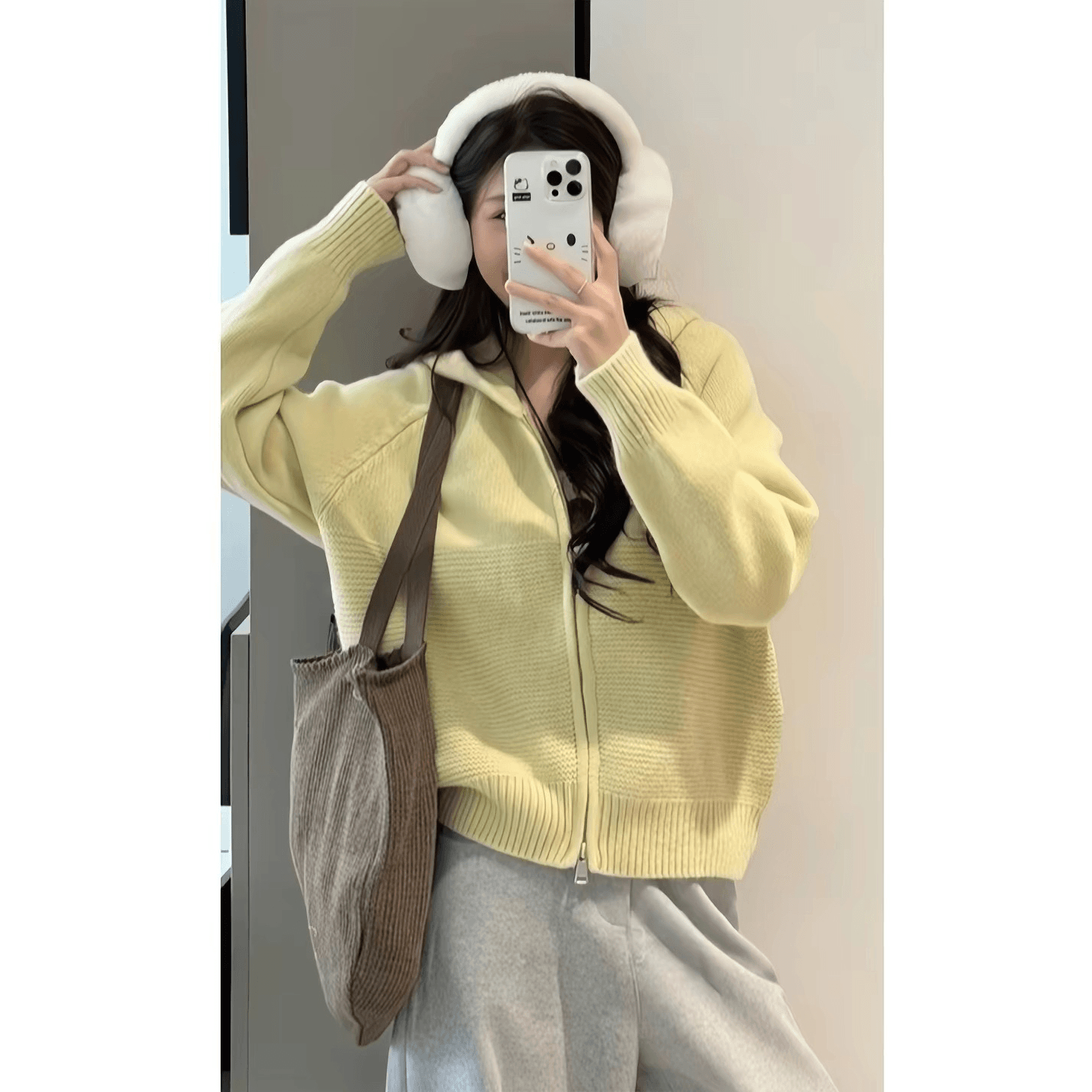 한 부서 캐주얼 물결무늬 곡물 더블 지퍼 후드 스웨터 여성 코트 봄 가을 루즈핏 슬림해 보이는 니트 오픈 가디건 맨위 이미지 5