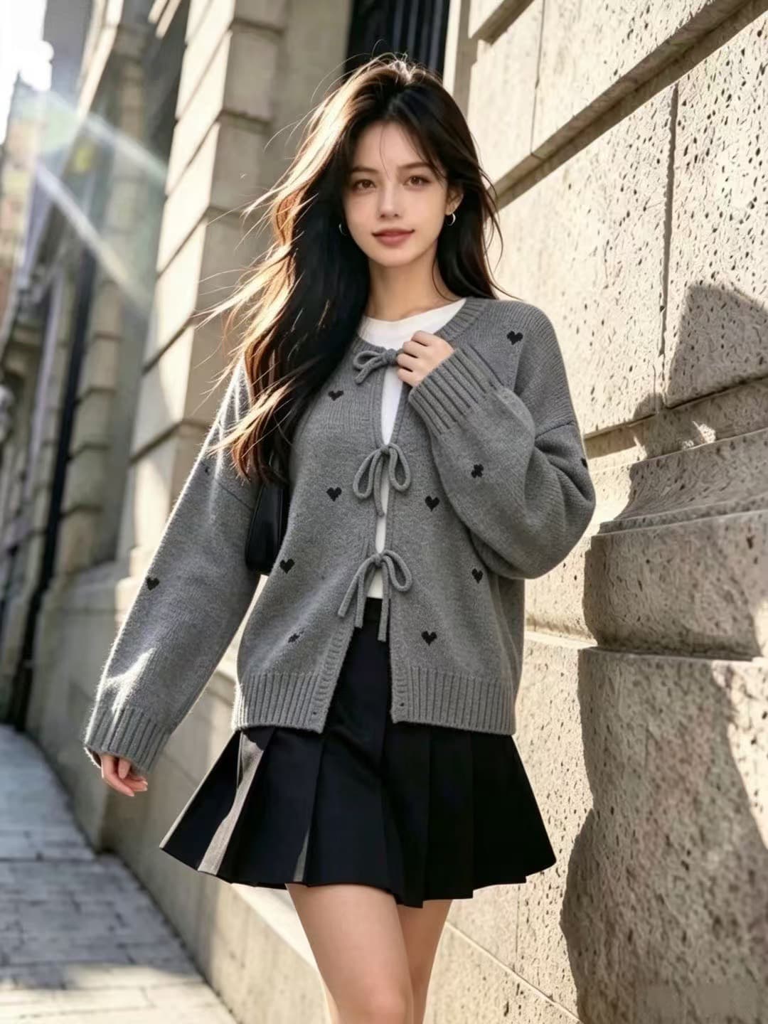 한 부서 가을 겨울 하트 자카드 니트 오픈 가디건 스웨터 여성 코트 빅 사이즈 지방 mm 디자인 센스 쇼트 스타일 레이스업 맨위 이미지 3